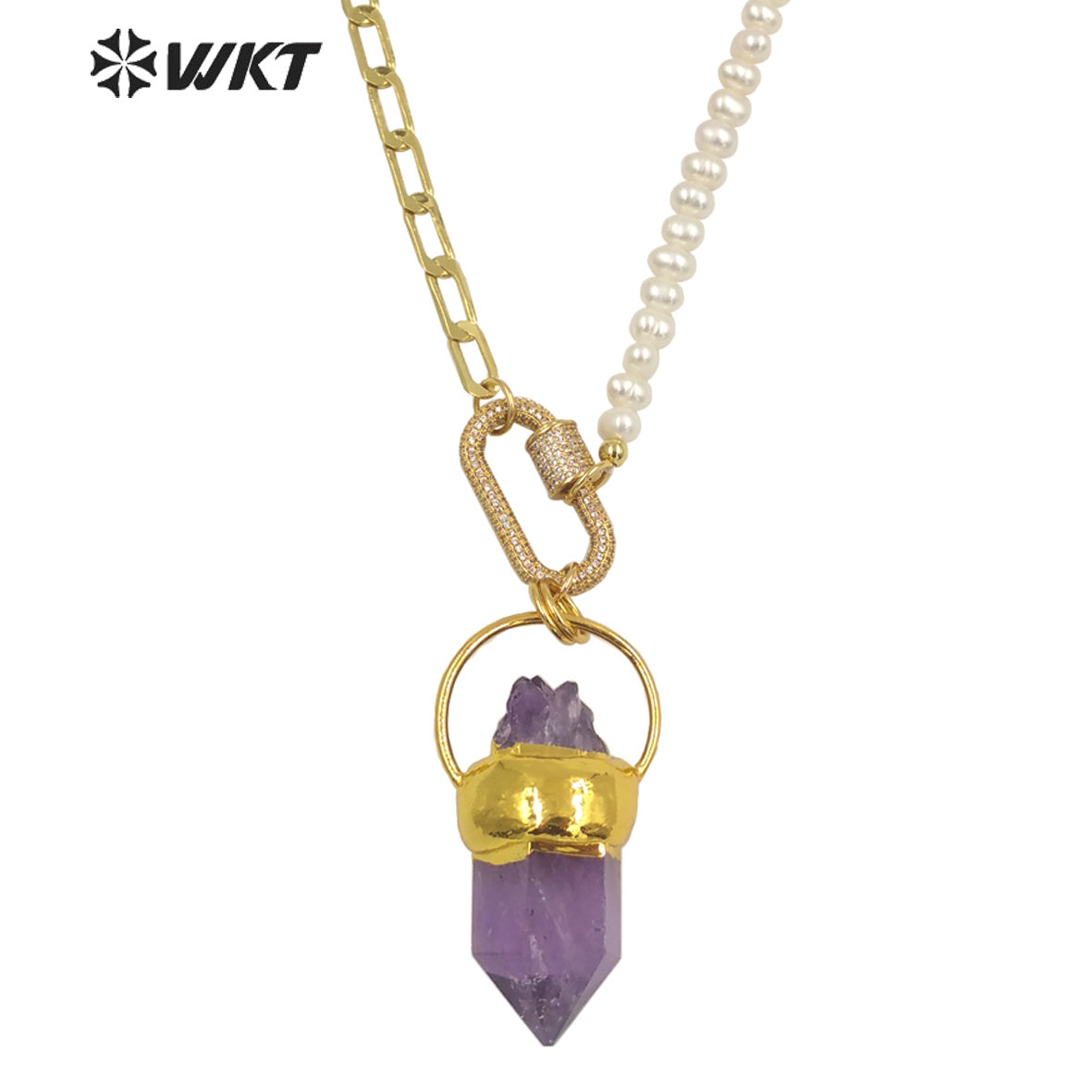 WT-N1303 Wholesale 18k Real Gold Plated Gorgeous Natural Amethyst Stone Necklace in 16 Inch Women Pearl Chain Stone Necklace