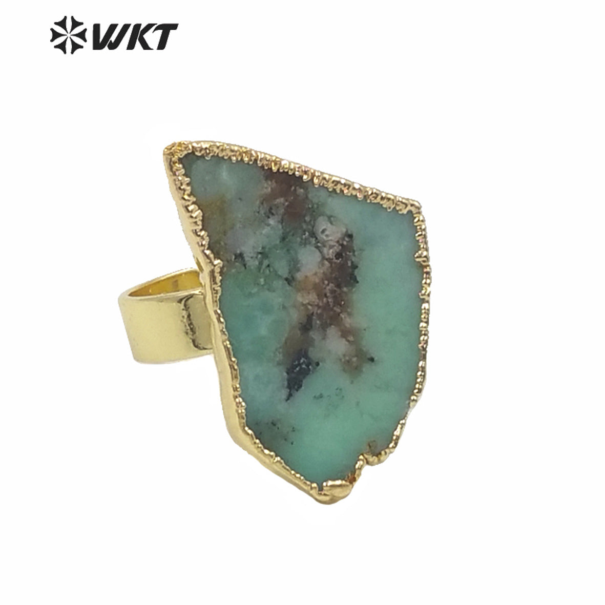 WT-R362 Newest Design Precious Chrysoprase Stone Ring Women Fashion Irregular Randomly Shape Green Jade Stone Gold Ring