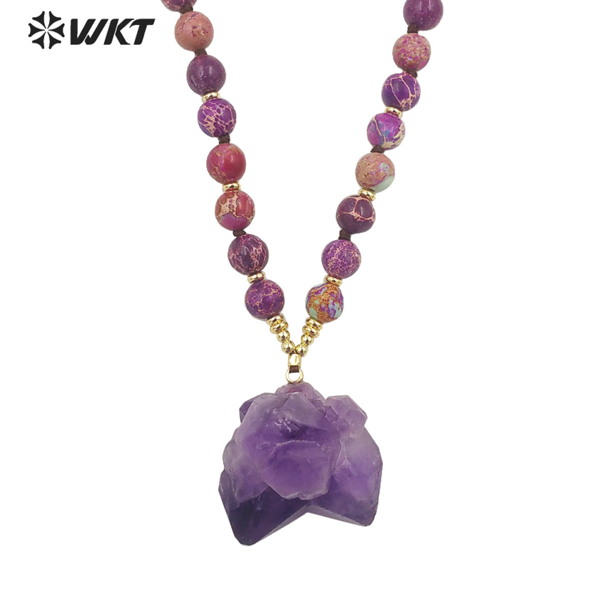 WT-N1376 Graceful Natural Irregular Pretty Amethyst Pendant Necklace Purple Bohemia Jasper Bead Chain Natural Crystal Necklace