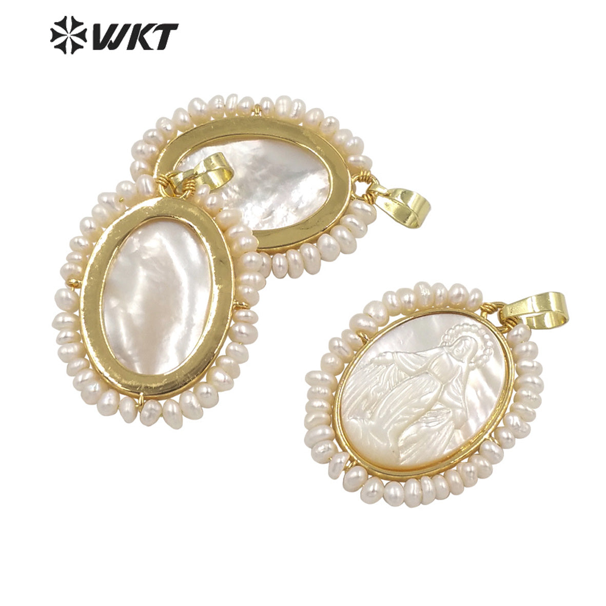 WT-JP253 WKT New Hot 18k Real Gold Bezel Handmade Pearl Wire Wrapped the Mother of Jesus Christ Virgen Marias Pendant in Shell