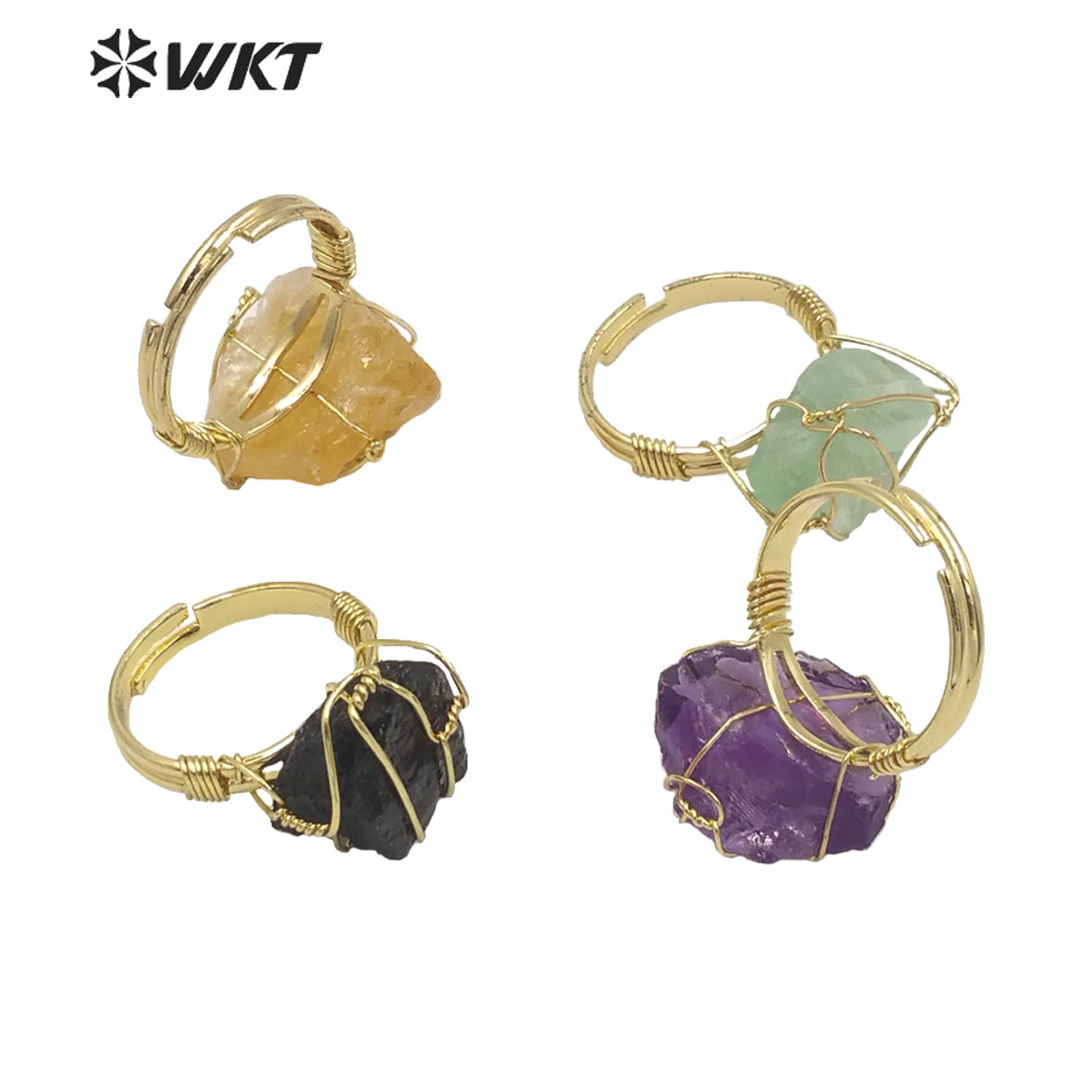 WT-R366 WKT New Design Gold Hand Make Wire Wrapped Mineral Stone Ring Women Fashion Hot Raw Quartz Fluorite Ring
