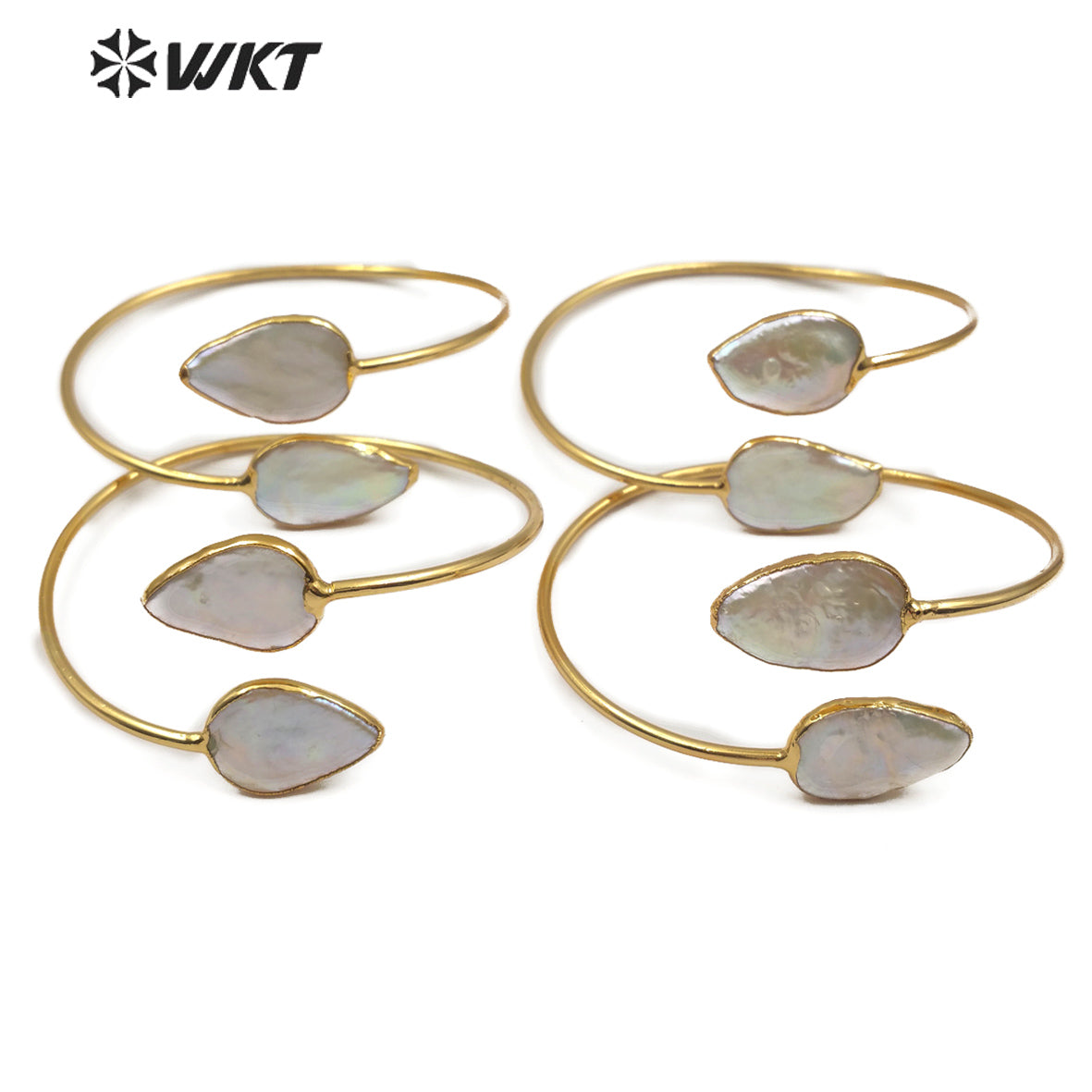 WT-B448 Jewelry in Teardrop Shape Adjustable Gold Bangle Pearl Cuff Wedding Bangle Double Natural Freshwater Pearl Bangle