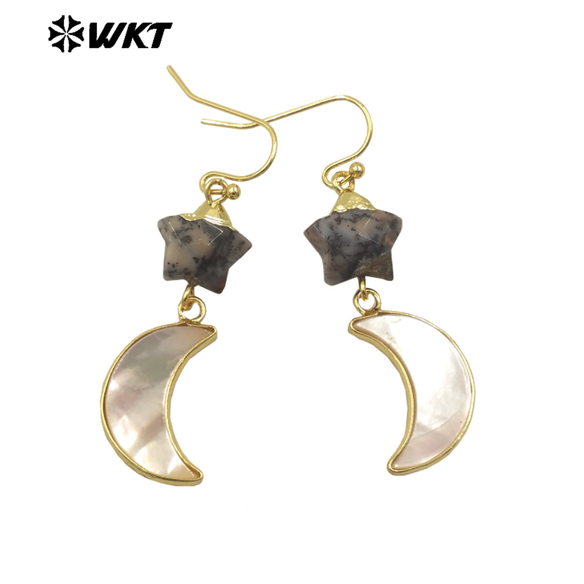 WT-MPE152 Lovely Design Natural Stone and Shell Star Earrings with Moon Shape Charms Gold Electroplated for Ladies Jewelry Gift