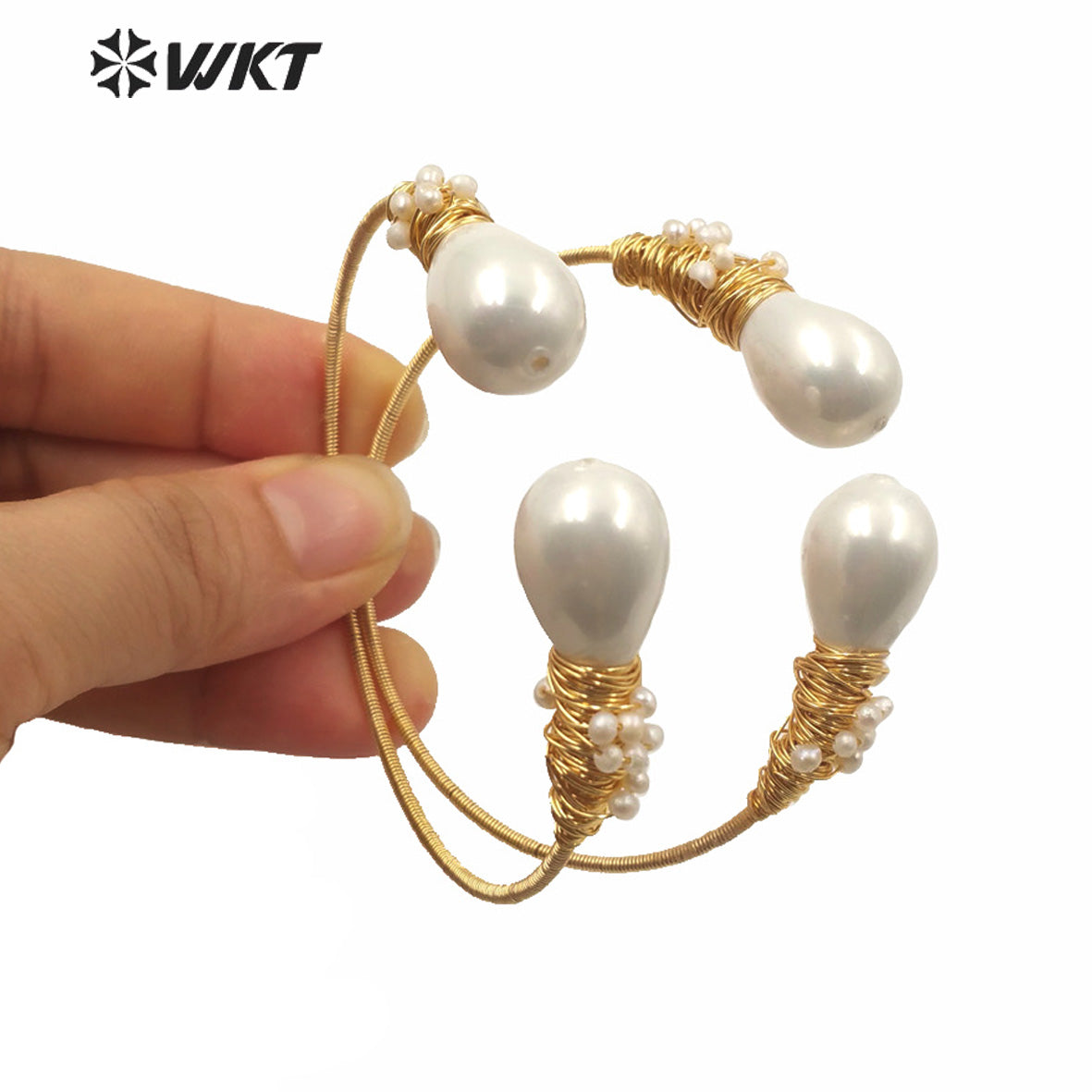 WT-MPB014 Amazing Double Pearl Bangle in Adjustable Size Women Fashion Gold Water Drop Shell Cuff Bangle With Charms Jewelry