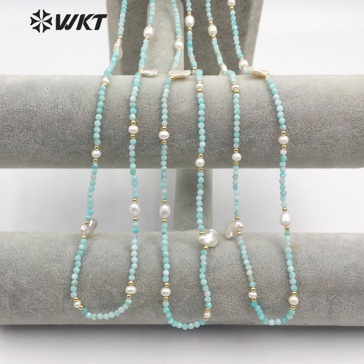 WT-N1181 Classic Fashion Pearl With 3mm Amazonite Faceted Beads Necklace Women High Quality Natural Amazonite Beads Necklace