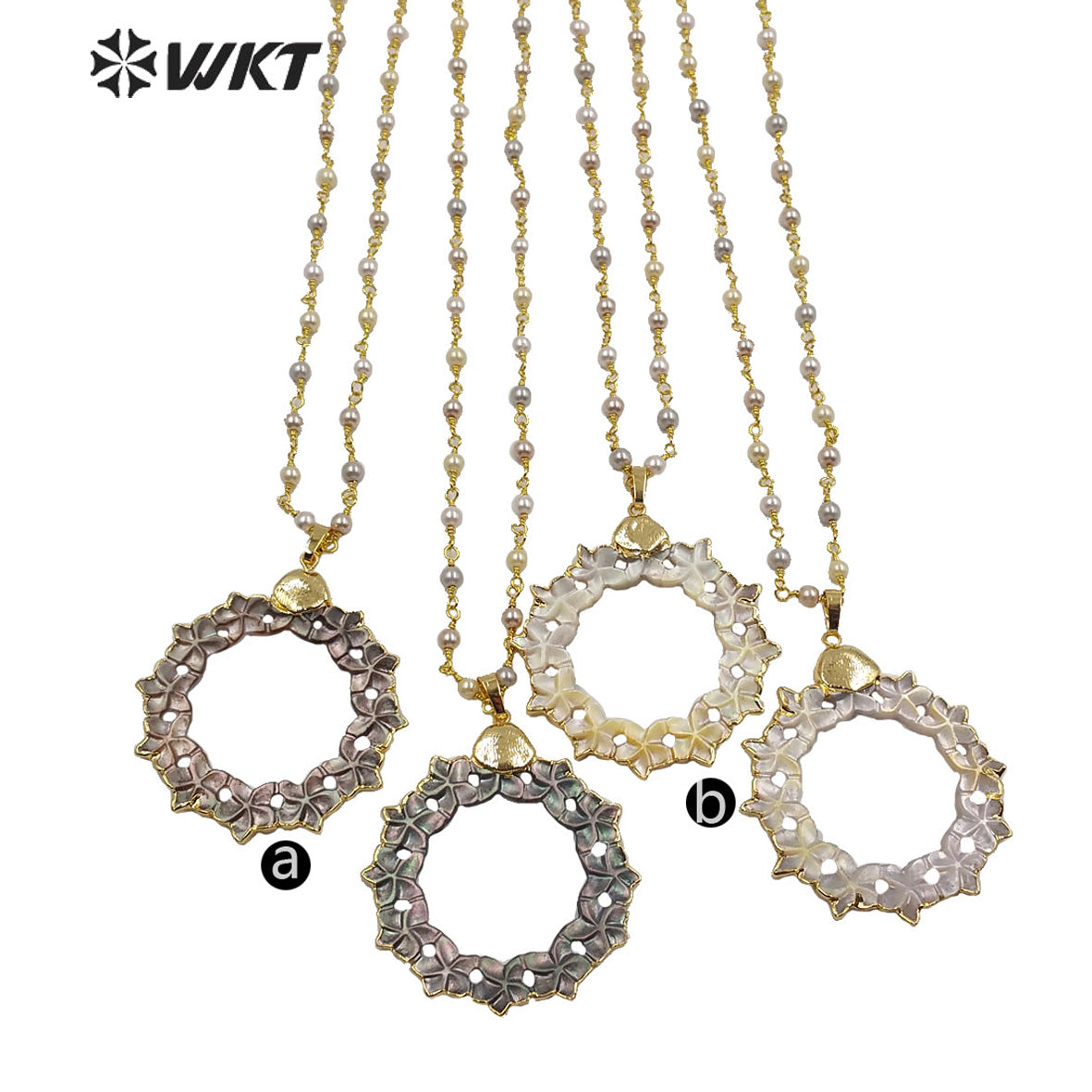 WT-JN118 Hand Carved Flower Shape Shell Pendant With Pearl Beads Necklace Women Fashion Charm Jewelry Natural Shell Necklace