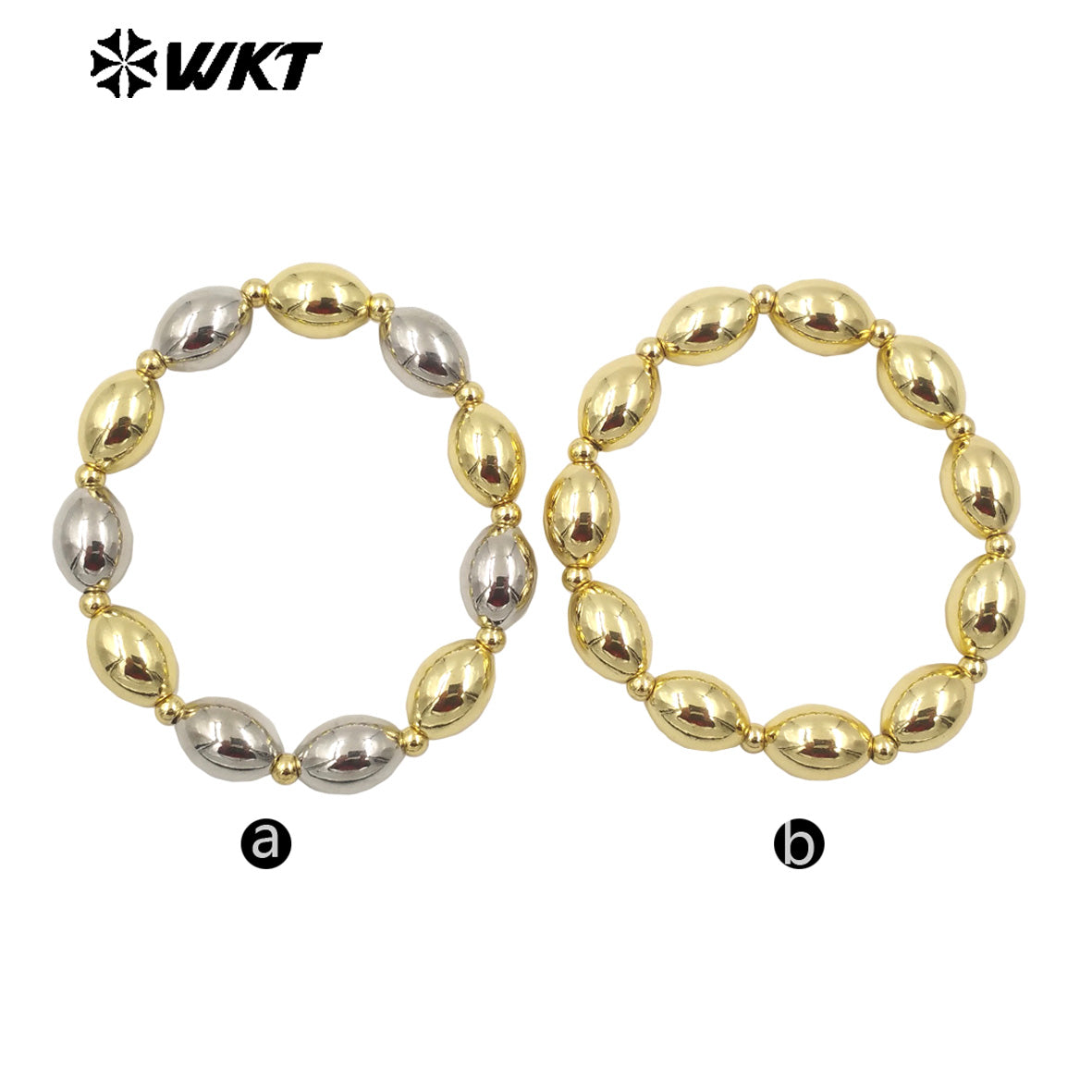 WT-JF348 Wholesale 18k Real Gold Plated Unique Steel and Gold Mixsure Bullet Brass Beads Stretch Bracelets