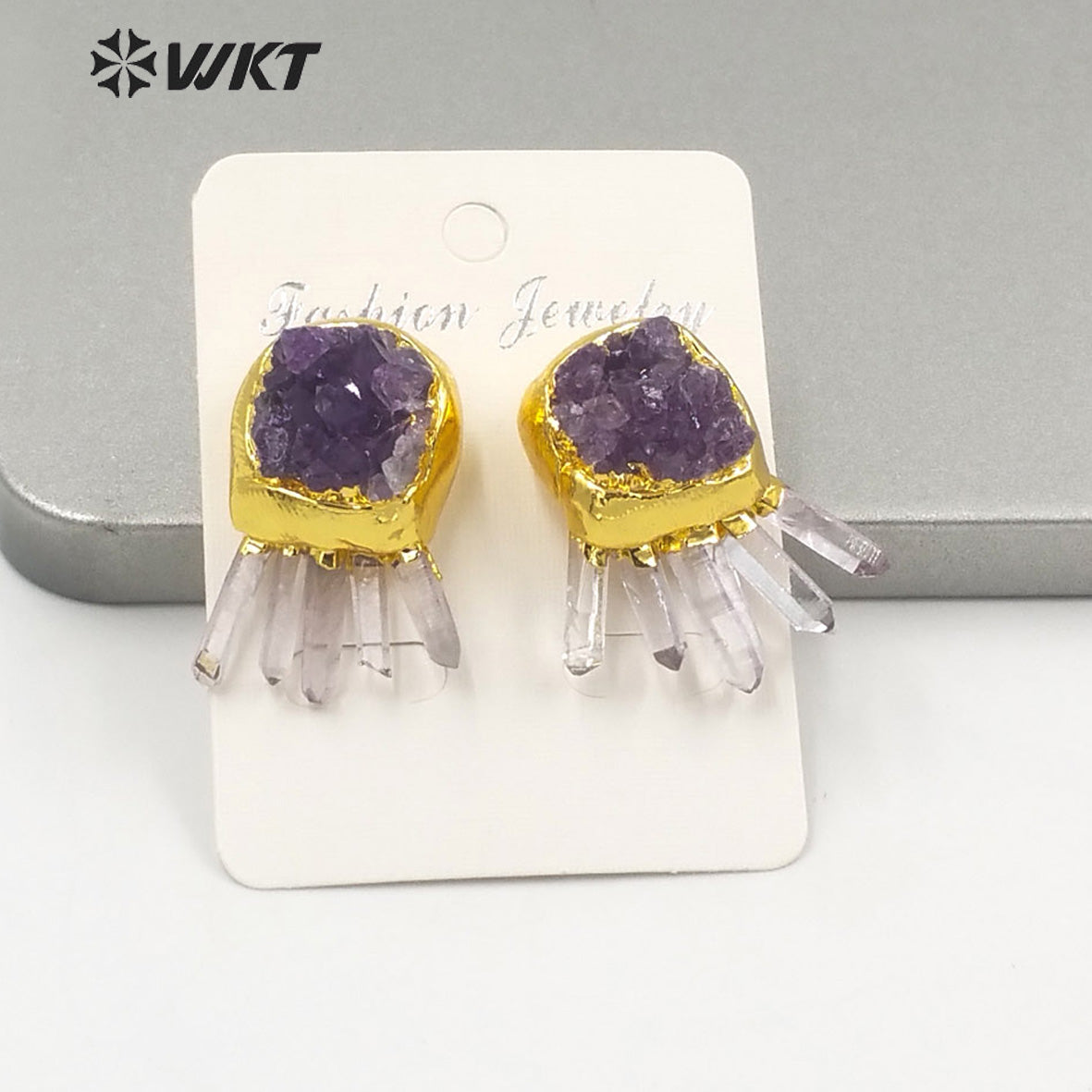 WT-E650 Wonderful Fashion Gold Electroplated Amethyst Stone Studs Earrings Women Beautiful Nice Earrings Charming and Cute