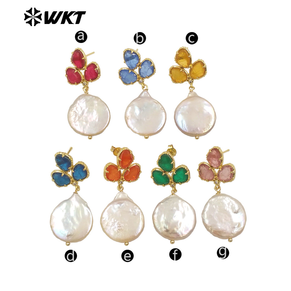 WT-MPE136 Wholesale Fashion Gold Plated Precious Natural Round Coin Real Pearl Earring Studs With Fashion Saphire