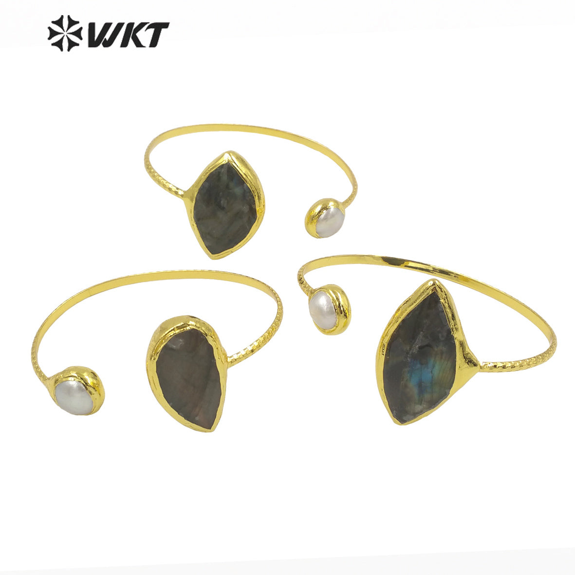 WT-B599 Fashion Classic Irregular Sparkling Stone Round Pearl Adjustable 18k Gold Plated Bangle Women Stone Bangle