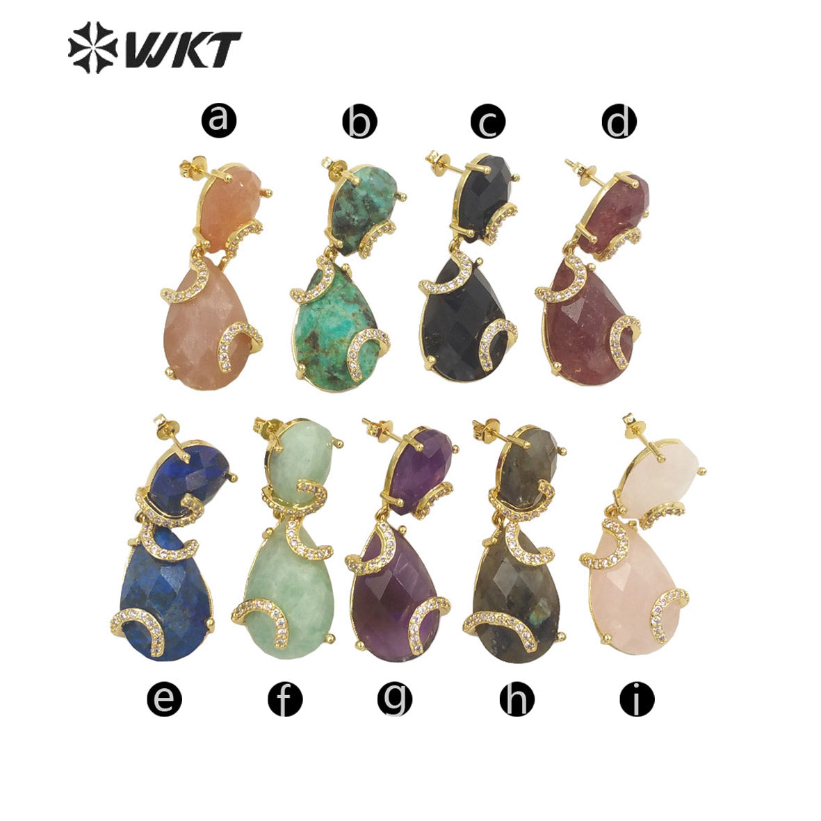 WT-E692 WKT New Design Colorful Spring Match Style Faceted Natural Stone Teardrop Earrings with Cubic Zircon Earrings for Party