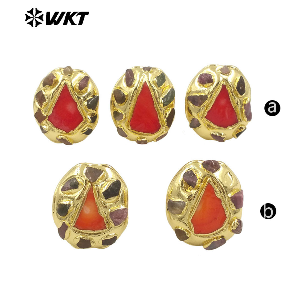 WT-MPR114 Popular 18K Gold Plated Triangle Red Coral and Tourmaline Adjustable Unisex Ring for Friends As Birthday Present