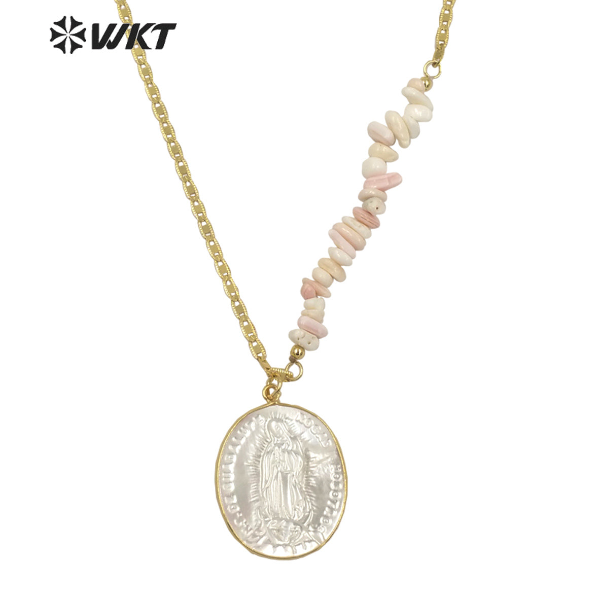 WT-JN146 WKT Amazing Fashion 18k Real Gold Plated Religious Virgin Mary Pendant Necklace Mix Contructure Shell Pendant Necklace