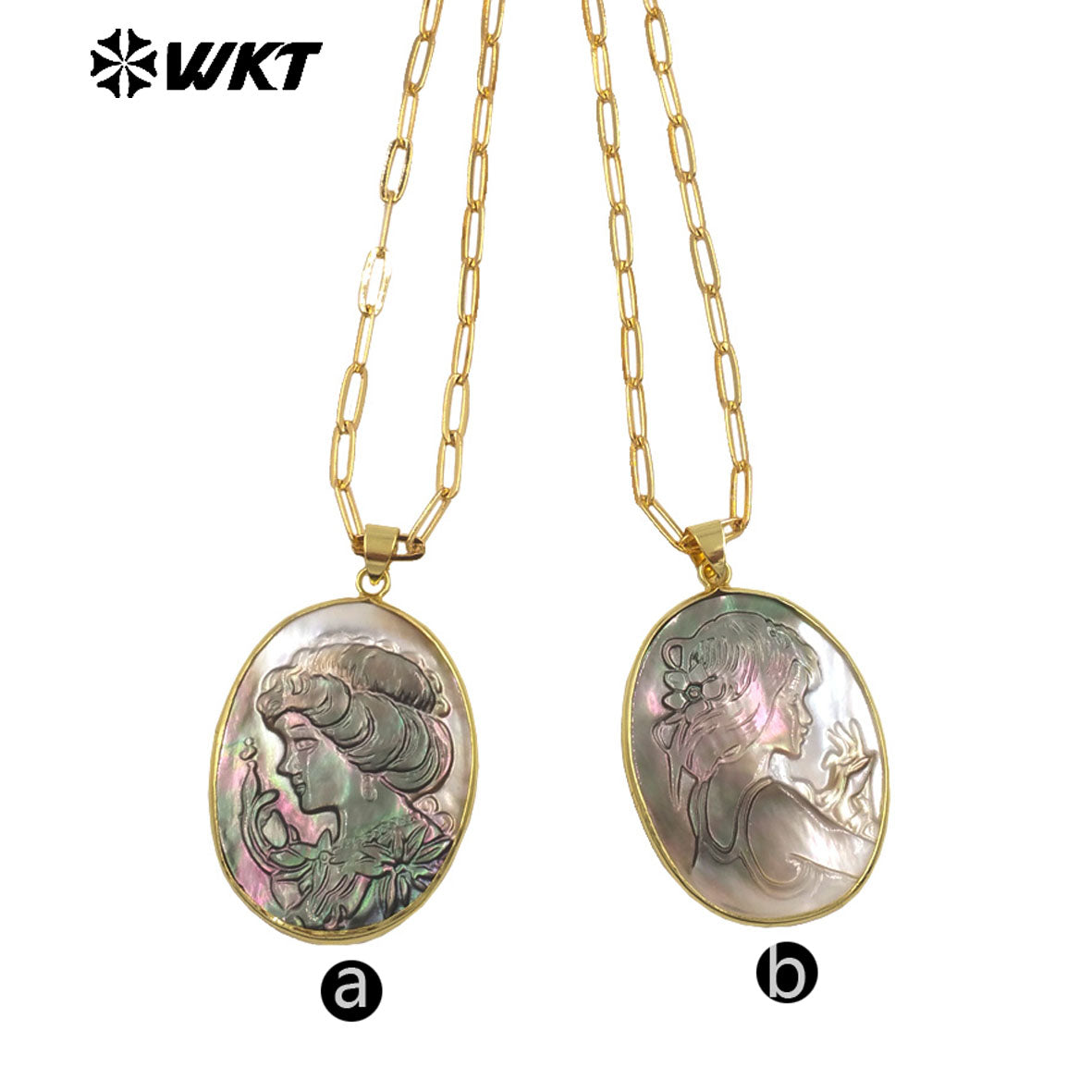 WT-JN338 Popular Sales Natural Shell Gold Plated Round Hand Carved Beauty Heads Pendant Necklace For Friends Birthday Gift