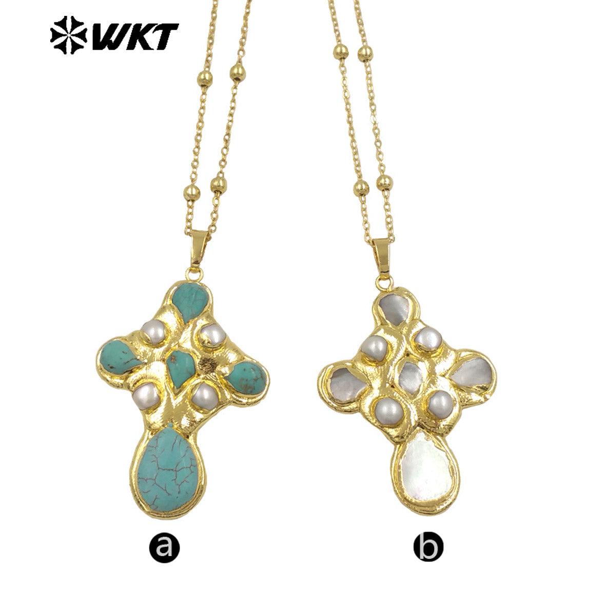WT-JN297 Brand New Product Elegant 18K Gold Plated Pearl Turquoise Cross Unisex Pendant Necklace Fashion Jewelry Accessories