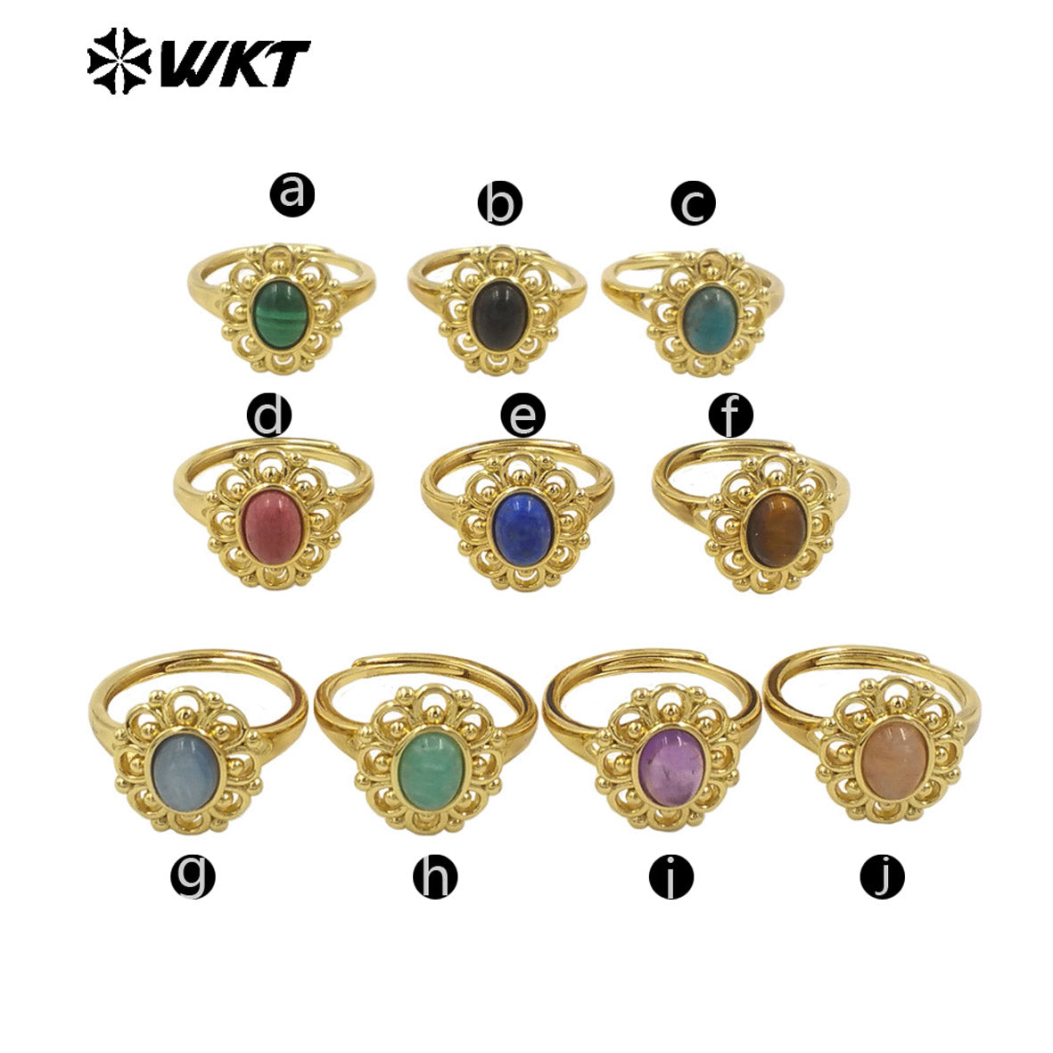 WT-R537 Wholesale Fashion 18K Real Gold Plated Round Hollow Flower Shape Design Natural Stone Ring for Women