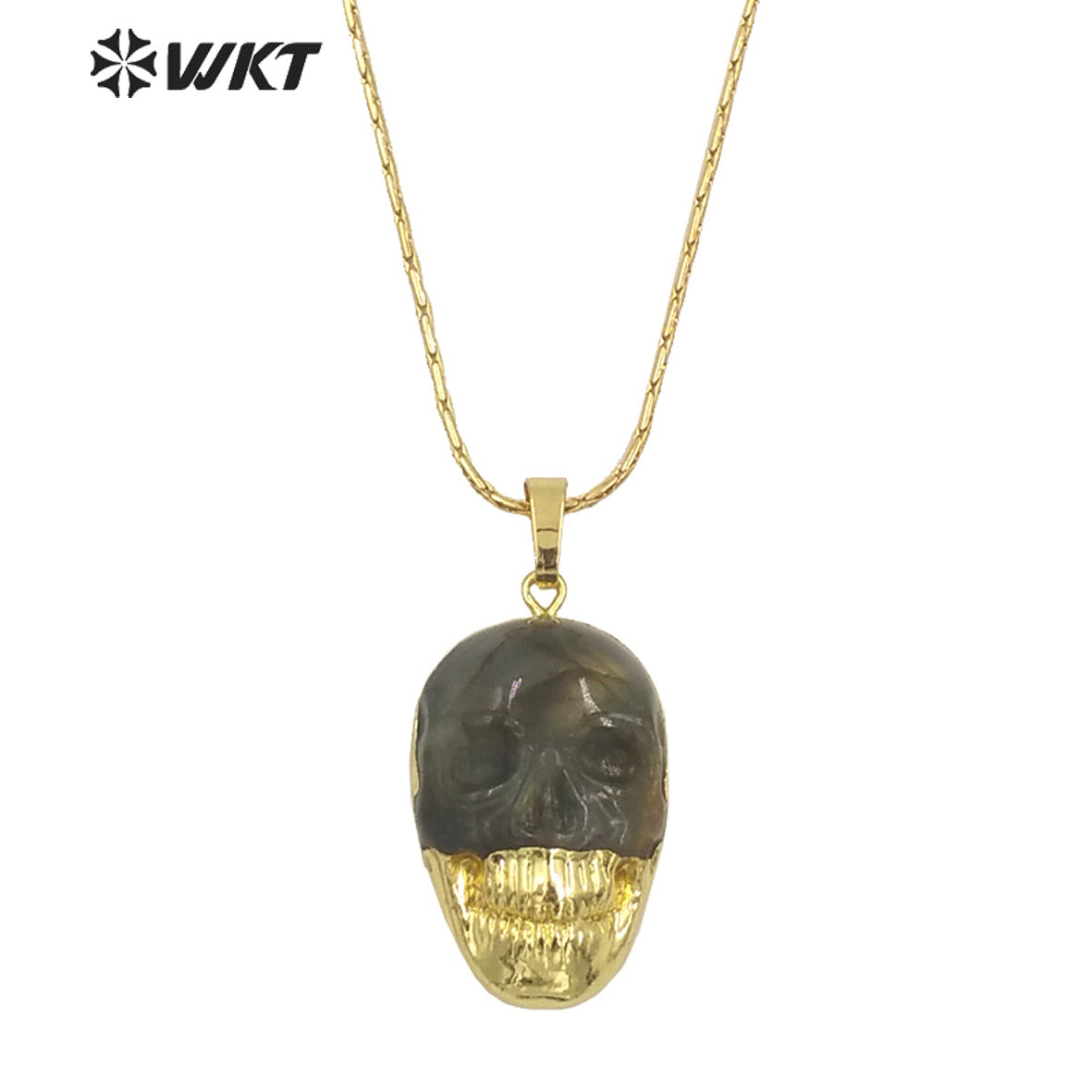 WT-N1461 Wholesale Fashion Gold Dipped Natural Flashy Stone Hand Carving Labradorite Skulls Necklace