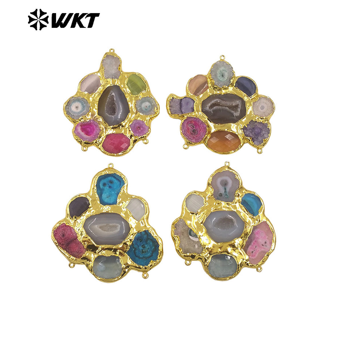 WT-C337 Amazing Three Hoops And Back Full Gold Plated Multi Natural Stones Connectors For Jewelry Connection Accessories