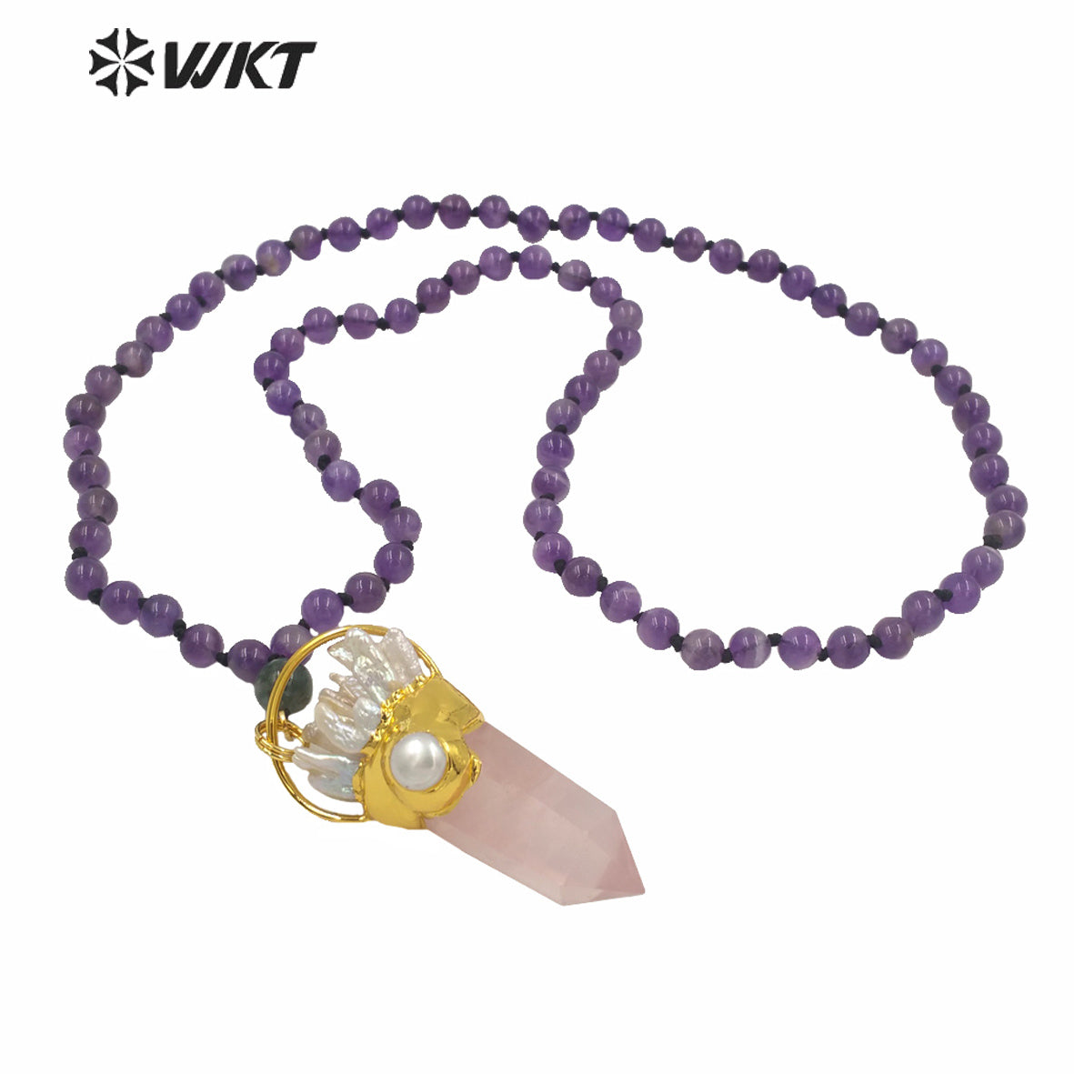 WT-N1243 Exclusive Design 8mm Round Amethyst Stone Necklace Women Winter Hot Pink Quartz Stone Big Chunky Pendant Necklace