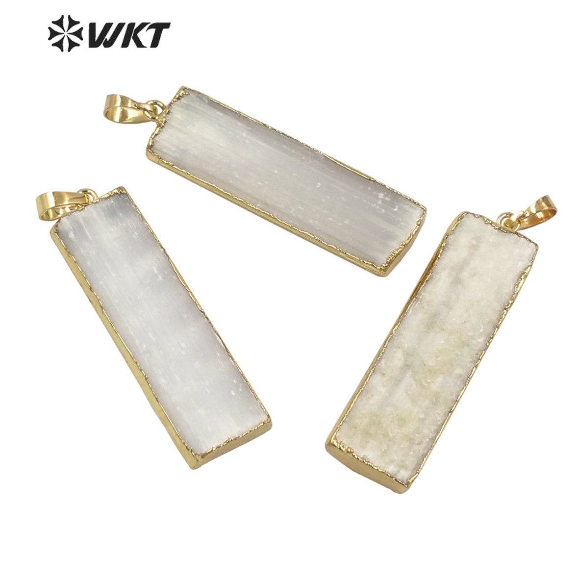 WT-P1641 Wholesale Natural White Long square Selenite Stone Pendant for Necklace Design Gold Trim Fashion Selenite Pendant