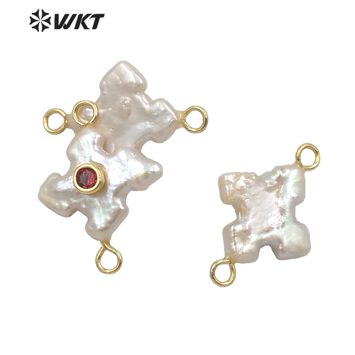 WT-JP252 WKT NEW Natural Freshwater Pearl Cross Pendant Fashion Gold Simple Cz Charm Double Loops Connector As Jewelry Findings