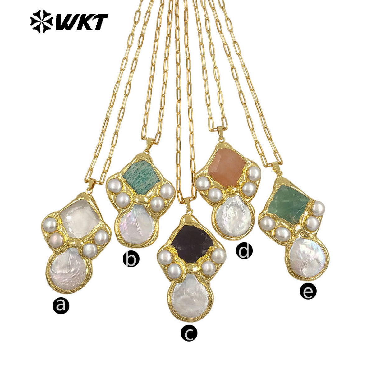 WT-JN345 Delicate Rectangle Chain With Gold Plated Natural Gemstones And Pearl Pendant Necklace For Unique Fashion Birthday Gift