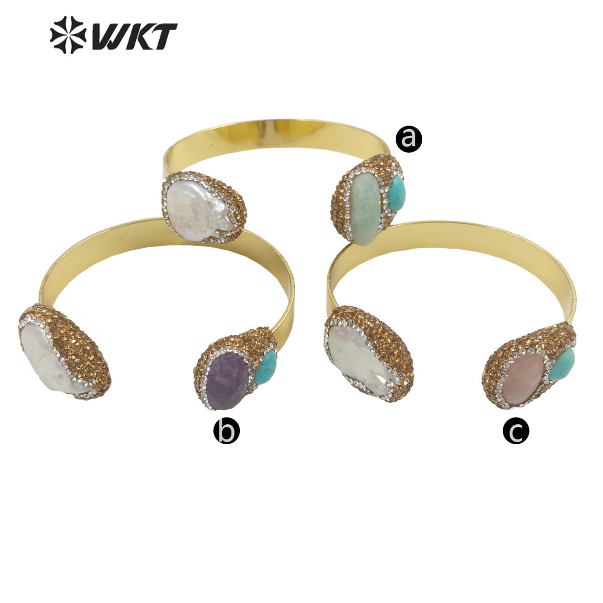 WT-MPB088 WKT Amazing Gorgeous Double Stone Bangle 18k Gold Plated Natural Sun Stone Amazonite Pearl Bangle in Adjustable