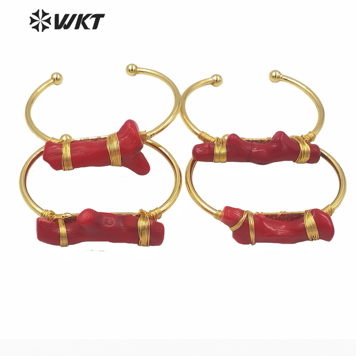 WT-B568 Newest Women Hand Make Wire Wrapped Red Coral Gold Bangle Women Open Size Adjustable Boho Red Coral Bangle