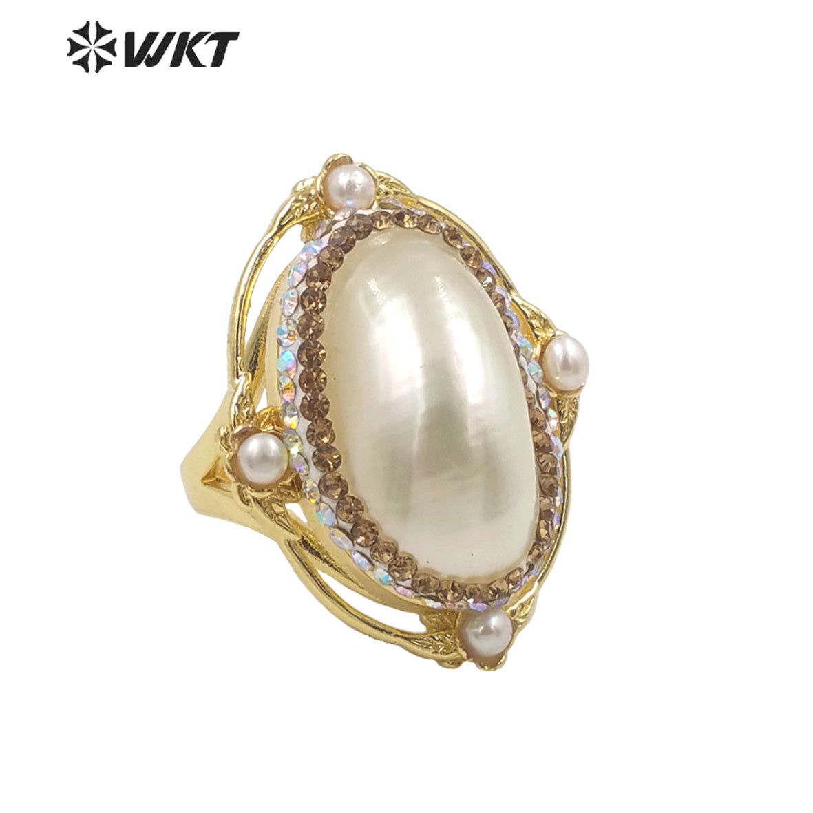 WT-MPR047 Amazing Elegant White Mabe Shell Ring 18k Gold Plated Rhinestone Setting Women White Shell Anniversary Ring