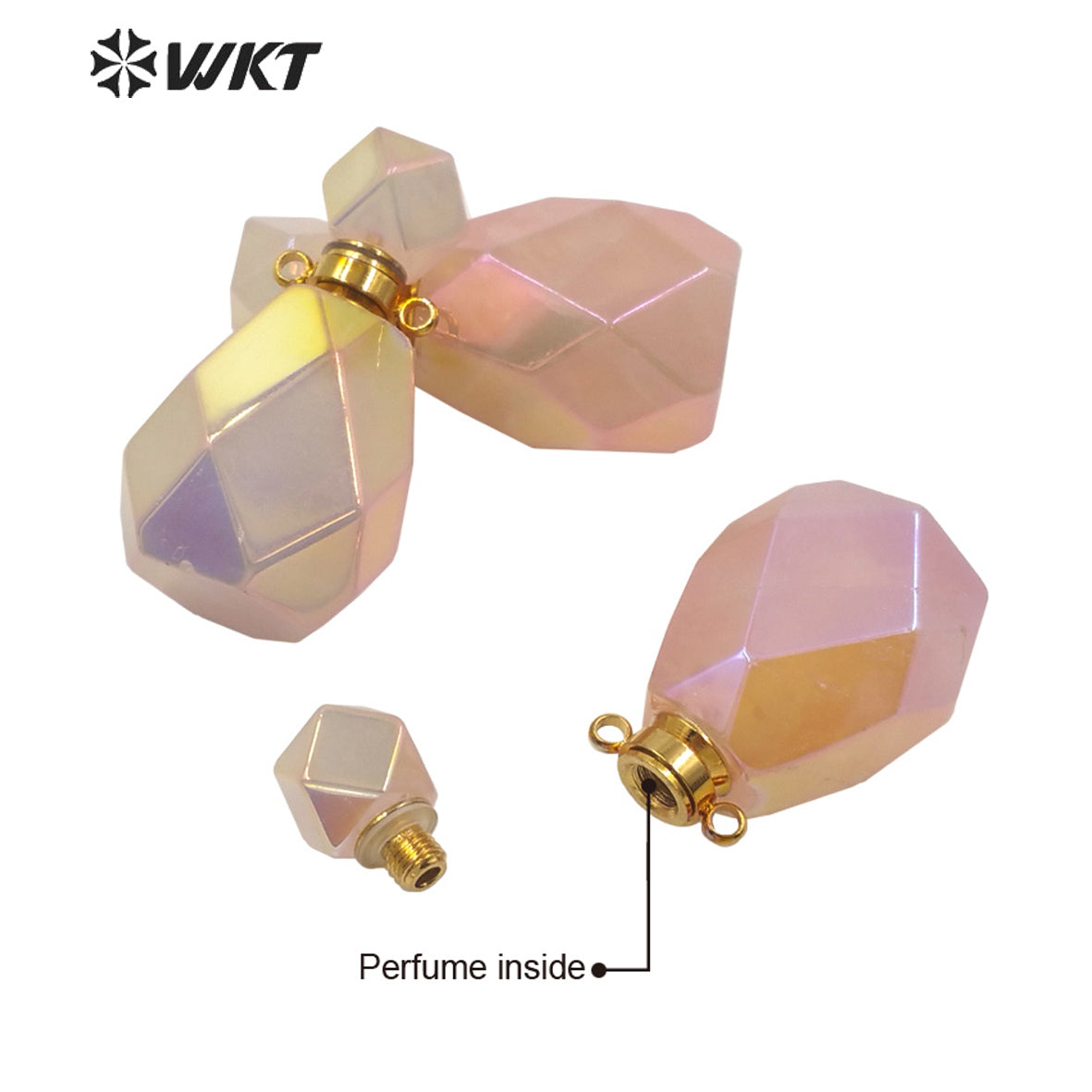 WT-P1649 Newest Color Natural Aura Rose Quartz Faceted Essencial Oil Bottle Fashion Lady Raw Stone Quartz Perfume Bottle Pendant
