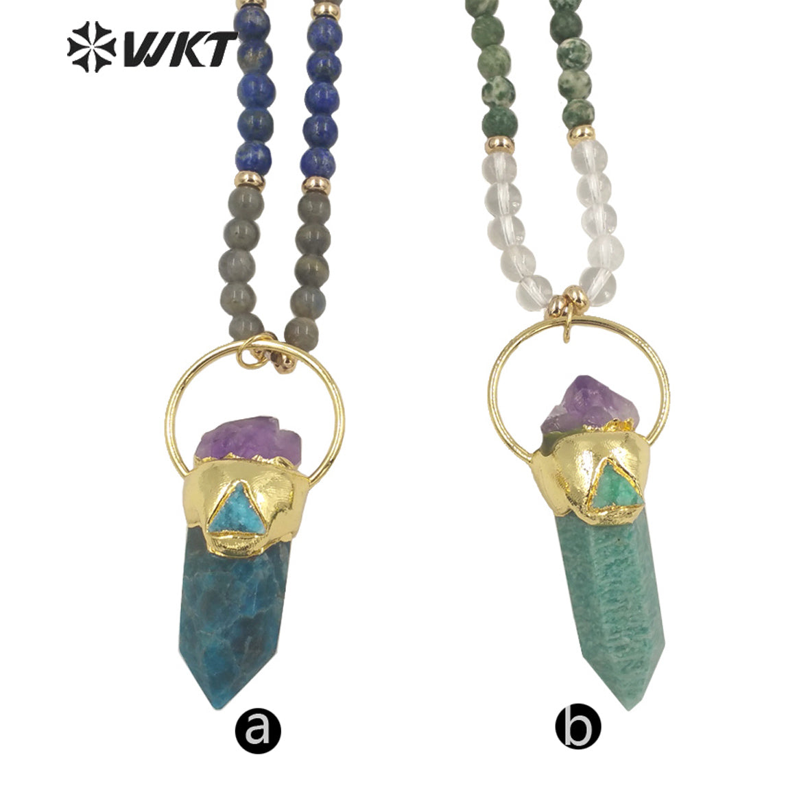 WT-N1337 WKT Powerful Energy Cylinder Shape Blue Apatite Amazonite Mix With Amethyst Long Beads Necklace Gemstones Beads Chain