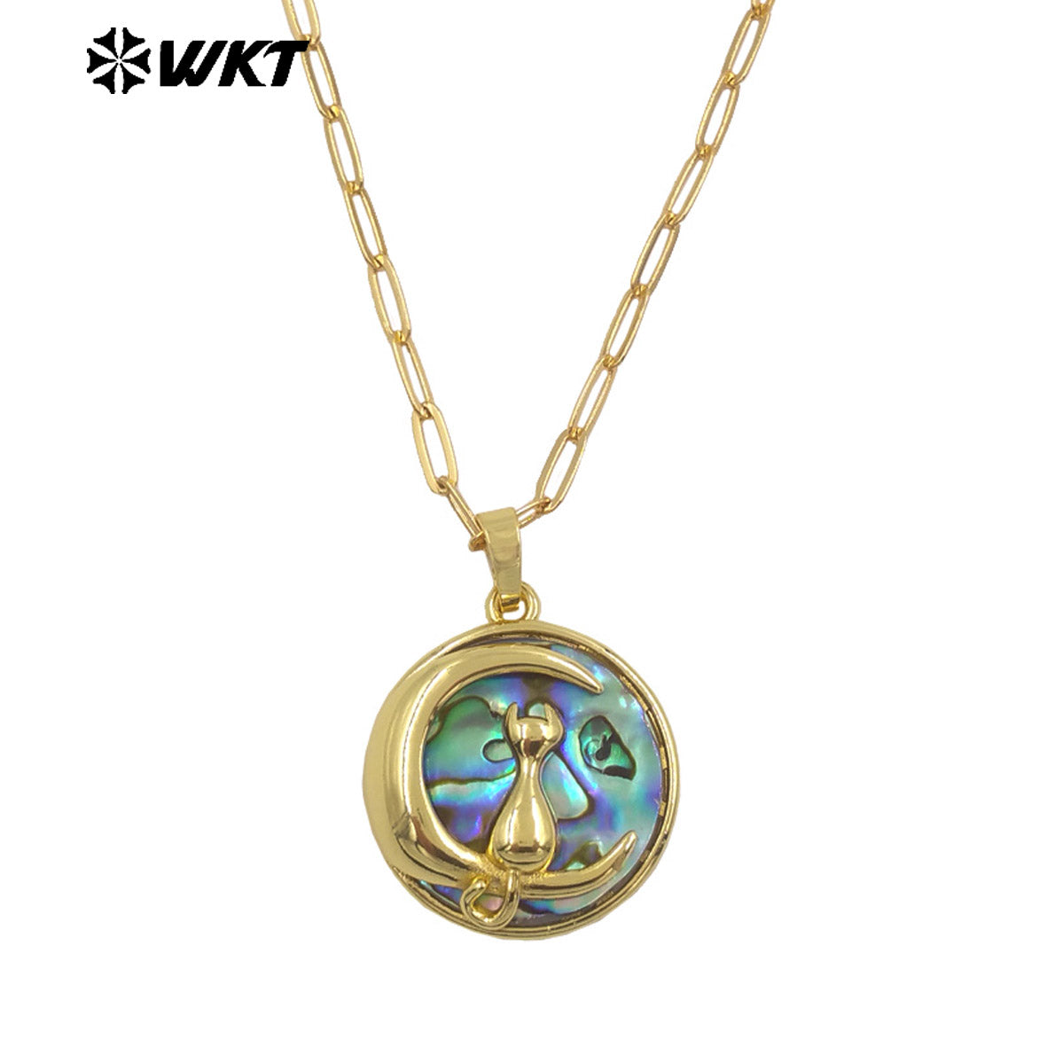 WT-JN332 High Quality Gold Plated Rectangle Chain With Natural Abalone Shell Round Pendant Necklace For Ladies Vintage Jewelry