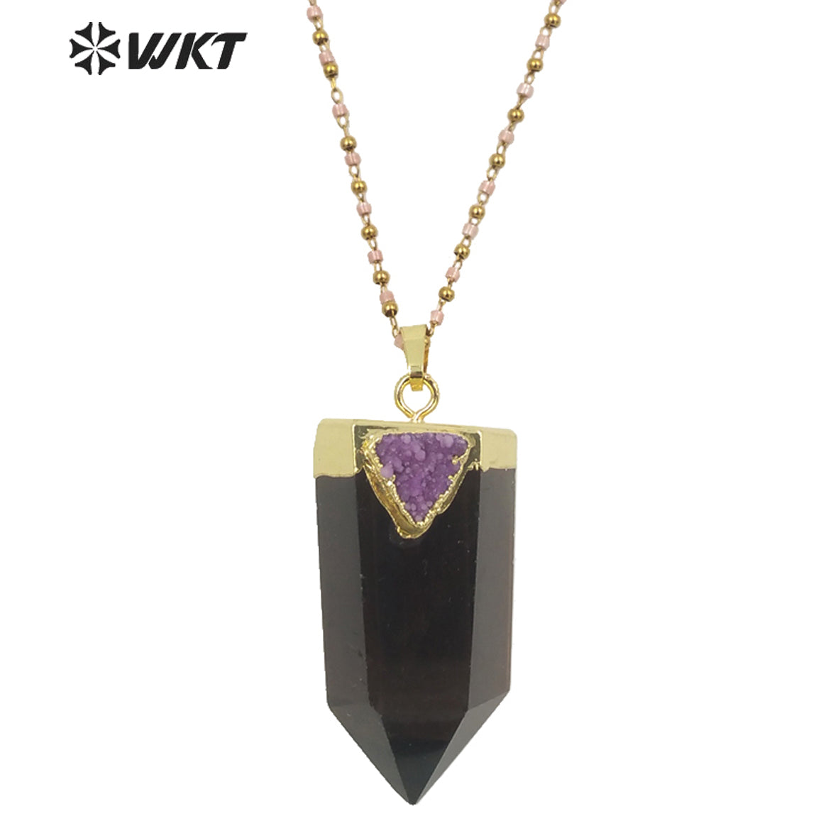 WT-N1291Wholesale Fashion Gold Plated Hexagon Quartz Point Stone Necklace Lady Populared Natural Gemstone Smoky Stone Necklace