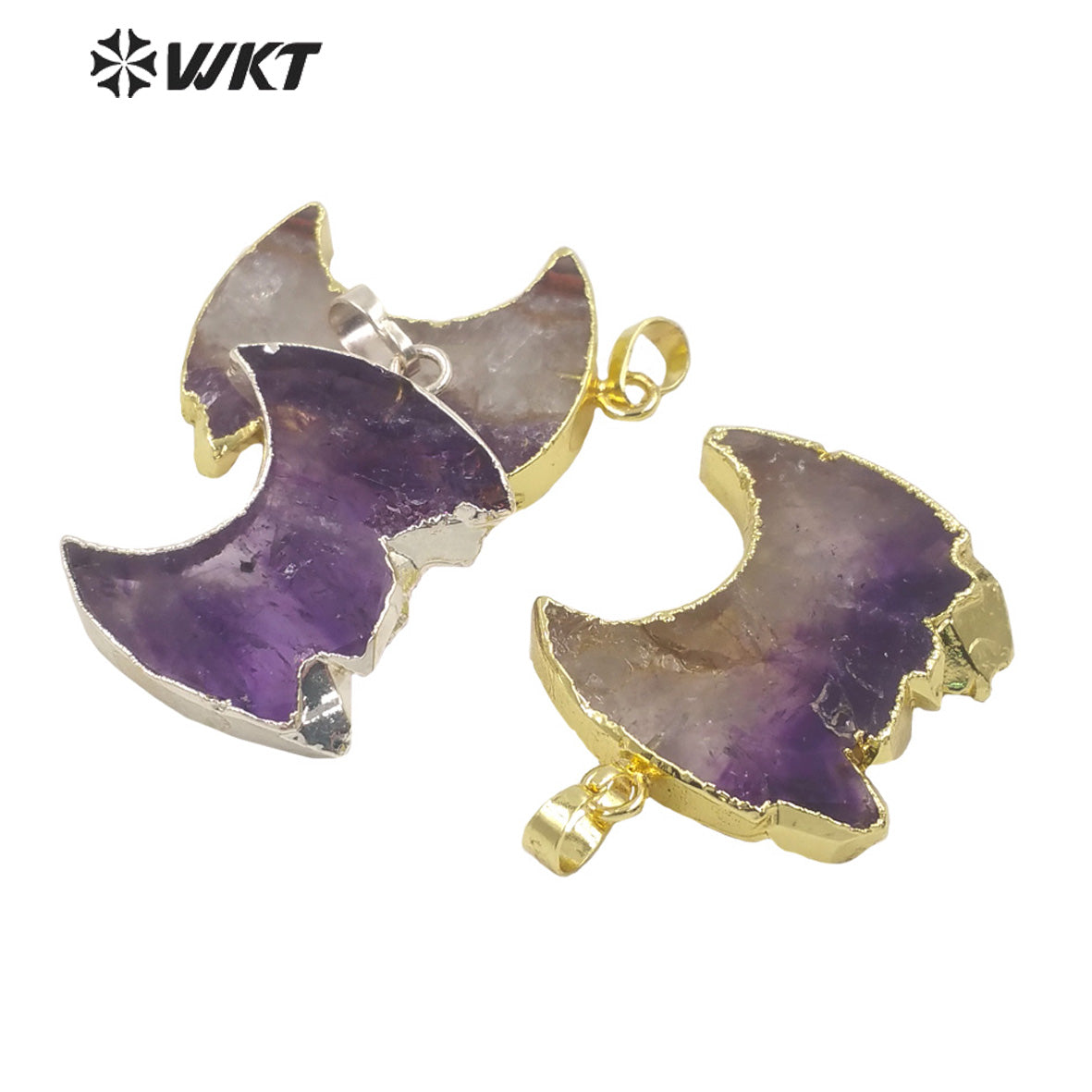 WT-P1714 Newest Fashon Gold Trim Slice Brazil Amethyst Moon Pendant Women Energy Natural Stone Carved Jewelry Pendant
