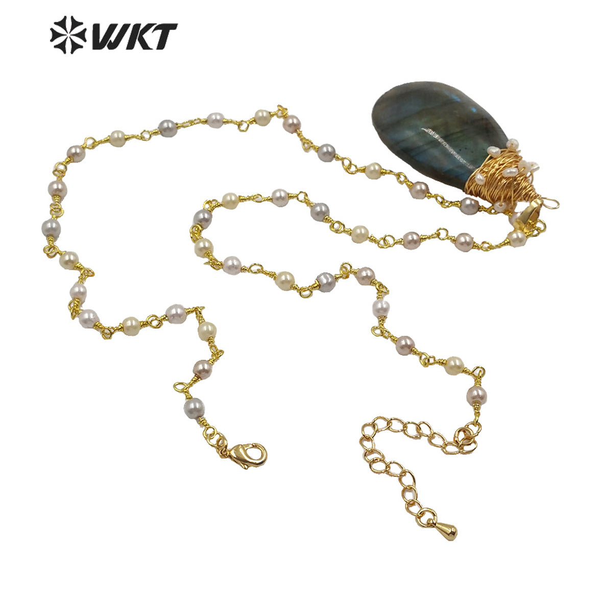 WT-N1216 Wholesale Labradorite Necklace Stone Pendant With Pearl Necklace Fashion Lady Jewelry Natural Labradorite Necklace