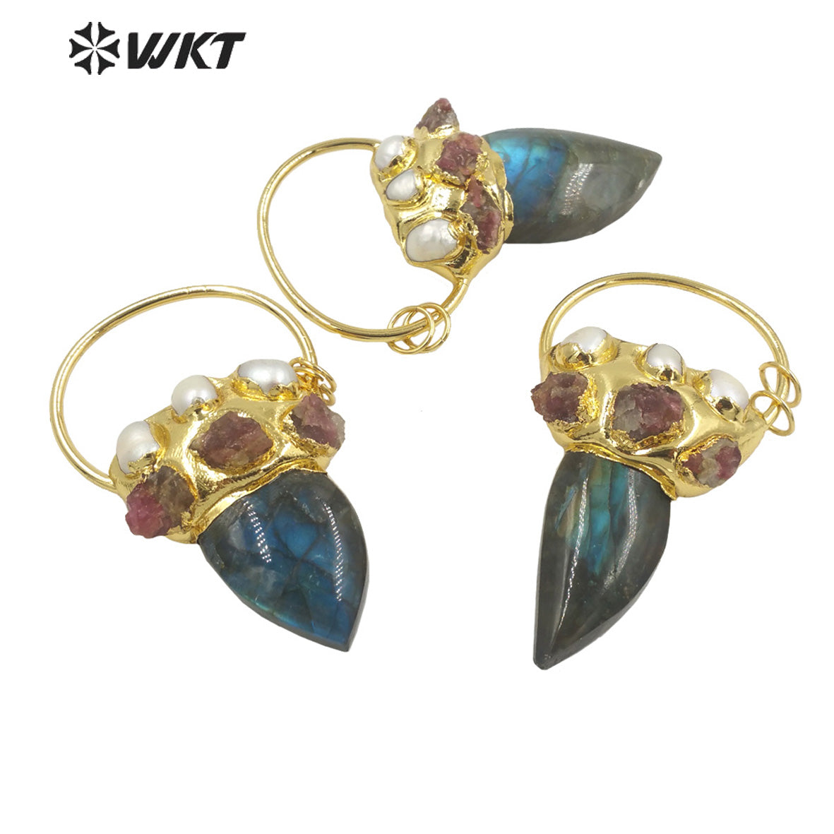 WT-P1894 Wholesale Fashion Gold Plated With Big Ring Stone Pendant Gorgeous Handmade Pearl Labradorite Horn Pendant Jewelry