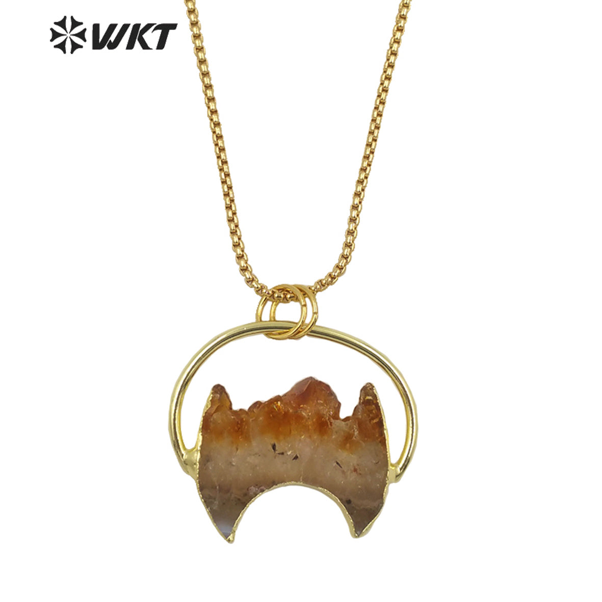 WT-N1267 WKT Amazing Design 18k Gold Plated Natural Yellow Citrine Quartz Crescent Horn Stone Necklace Precious Birthday Stone