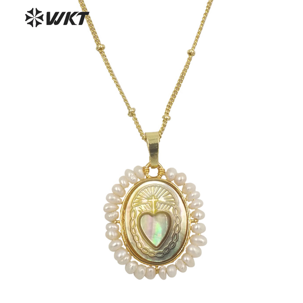 WT-JN155 Fashion 18K REAL Gold Plated Saint Mary Heart Shell Pendant Necklace WKT Hot Gold Bezel Shell Angel Heart Necklace