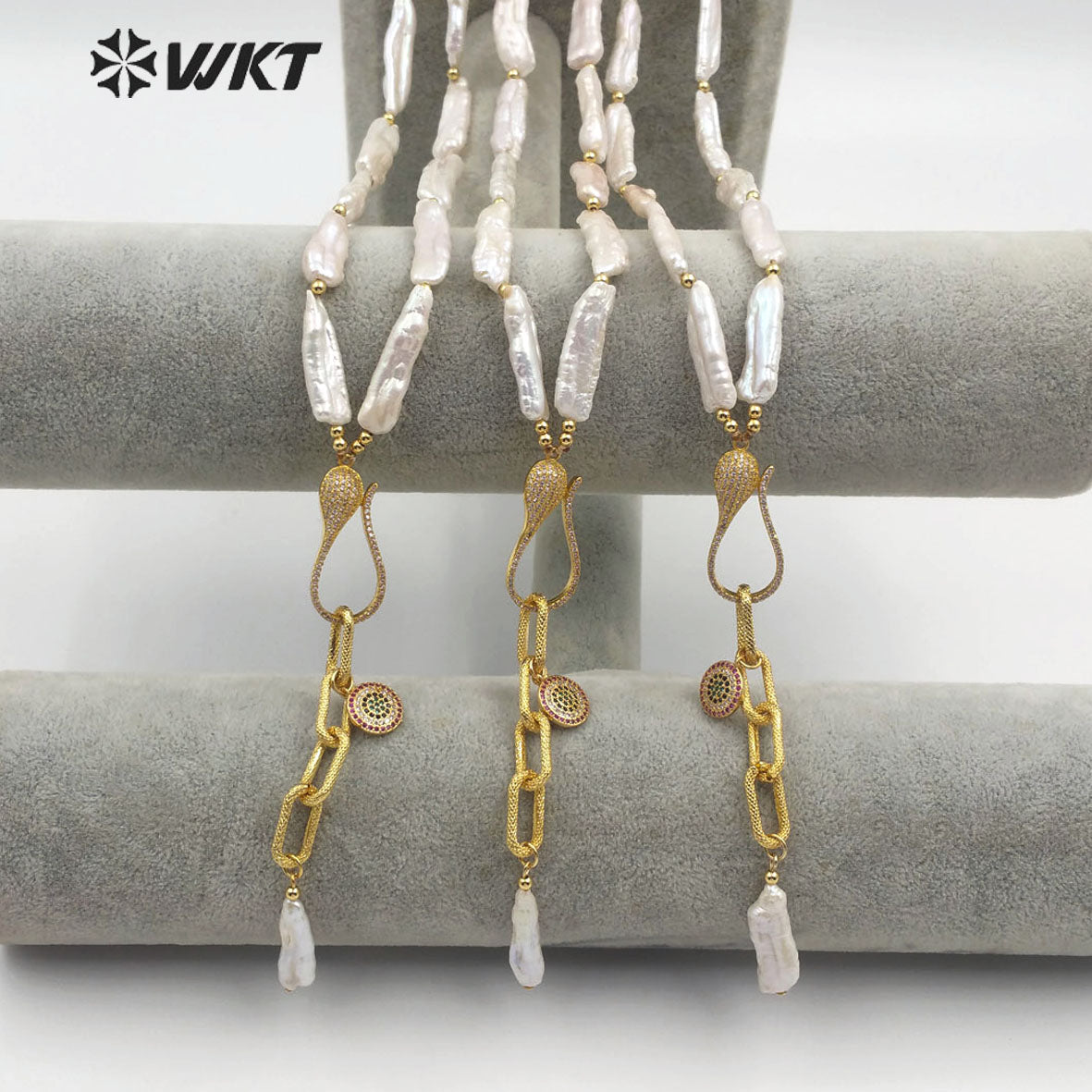 WT-JN110 New Exclusive Design Pearl Chain and Micro Pave Charm Necklace Lady New Fashion Jewelry Natural Pearl Necklace