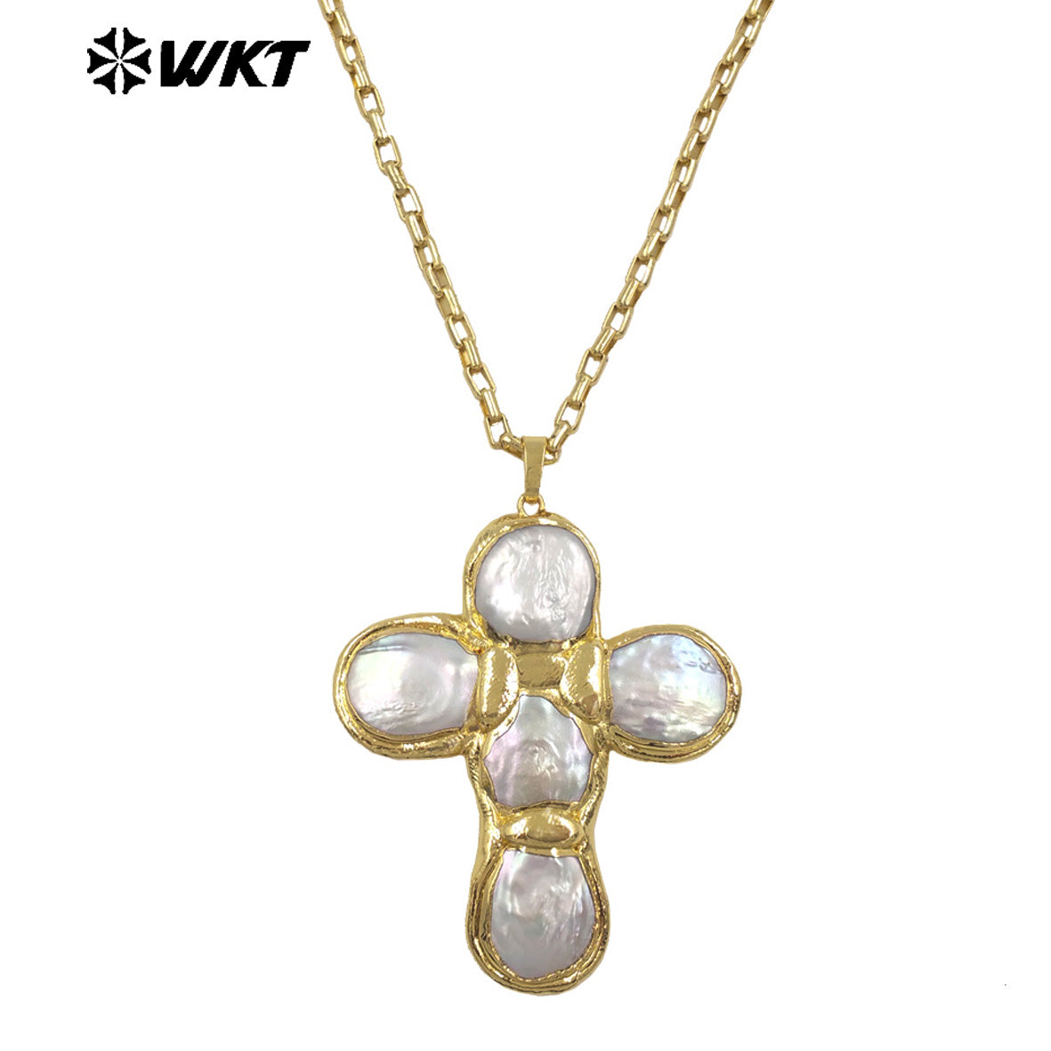 WT-JN349 Trendy 18K Gold Plated Tiny Square Chain Round Natural Freshwater Pearl Cross Pendant Necklace For Women Party Wearing