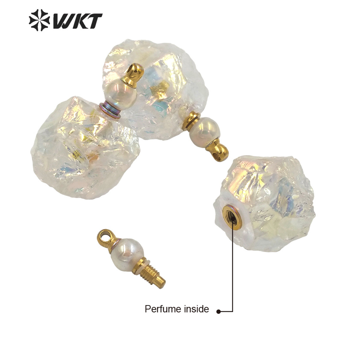 WT-P1632 Amazing Women Natural Raw Crystal by Hammer with Aura Gold Stainless Steel Parts Angel Aura Quartz Perfume Bottle