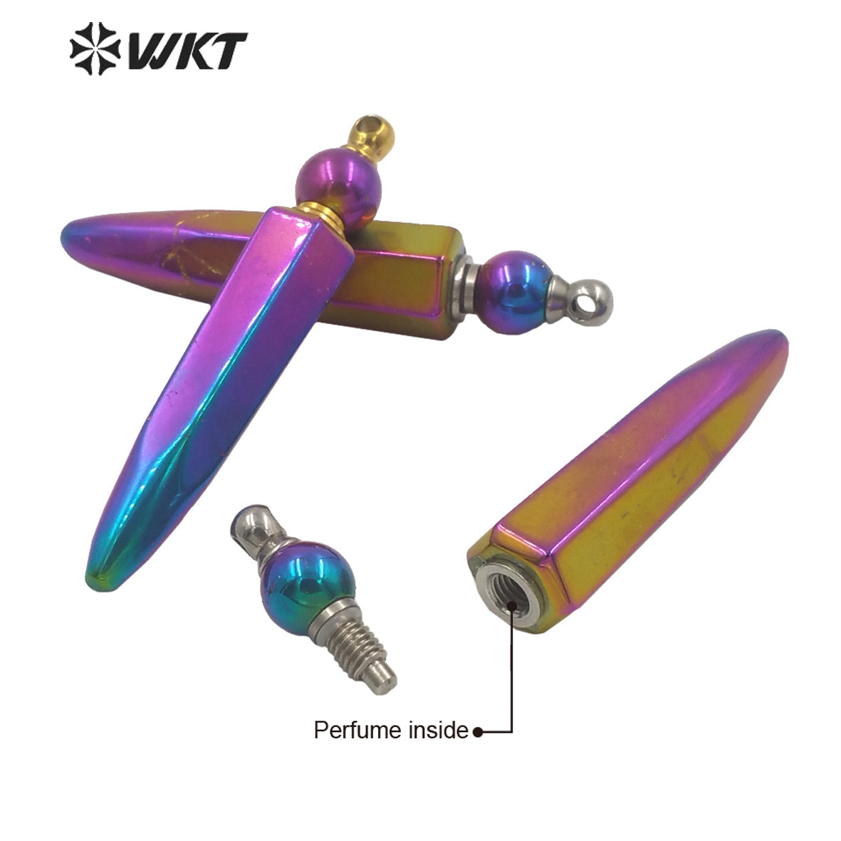WT-P1643 Wholesale Fashion Rainbow Blue Titanium Bullet Long Perfume Bottle Stone Pendant Women Essencial Oil Bottle Pendant