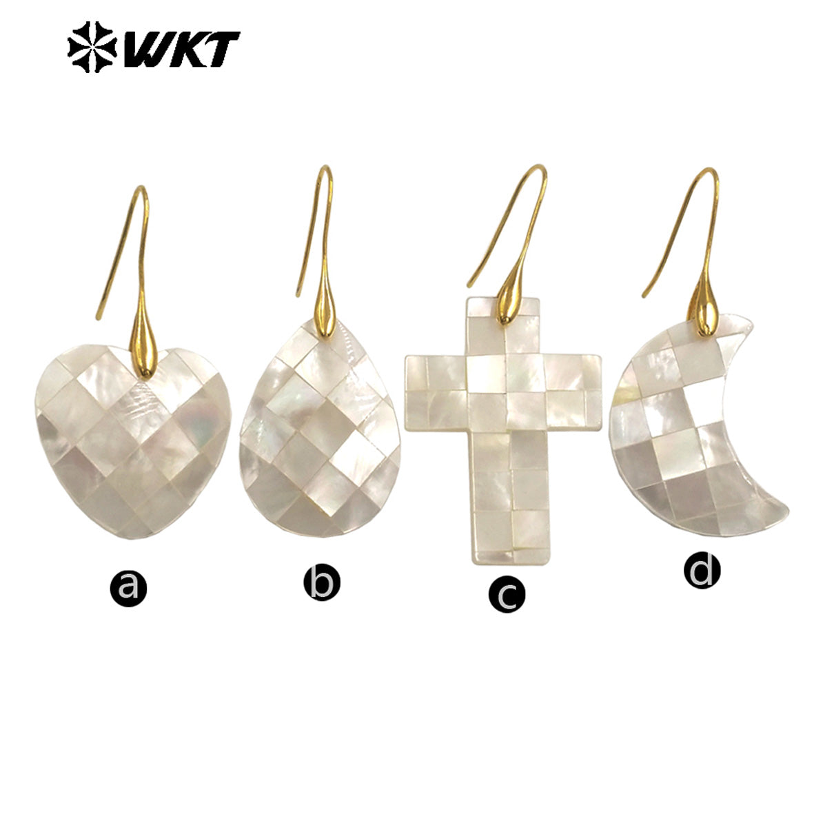 WT-MPE154 Wonderful Wholesale Mother of Pearl Shell Earrings Gold Color Heart Waterdrop Cross Moon Shape Women Birthday Gift