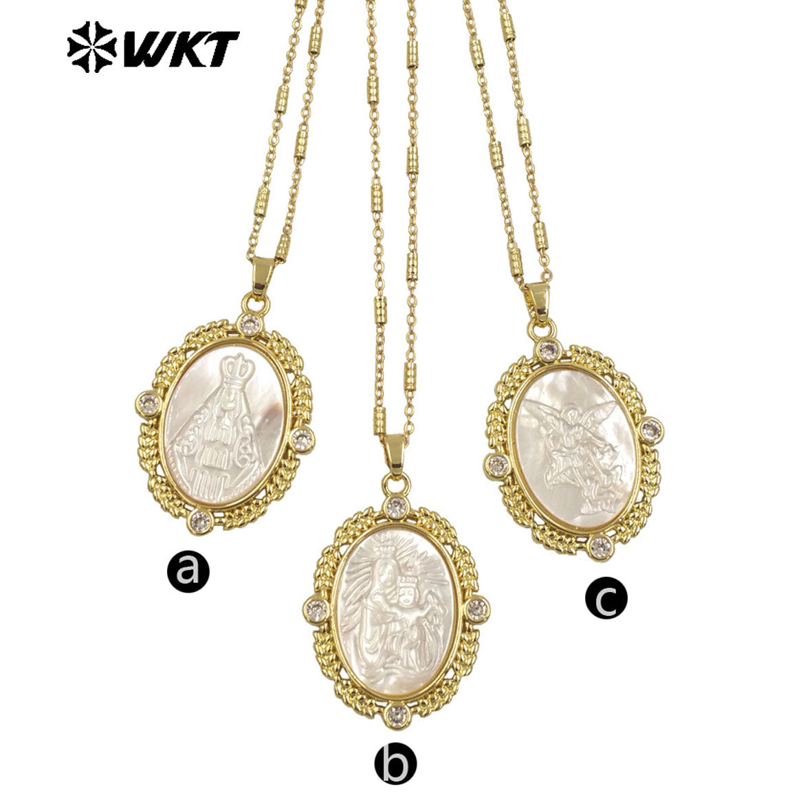 WT-JN274 Gorgeous New Design Elegant 18K Gold Bezel Setting Christian Religious Guardian Angel Shell Necklace