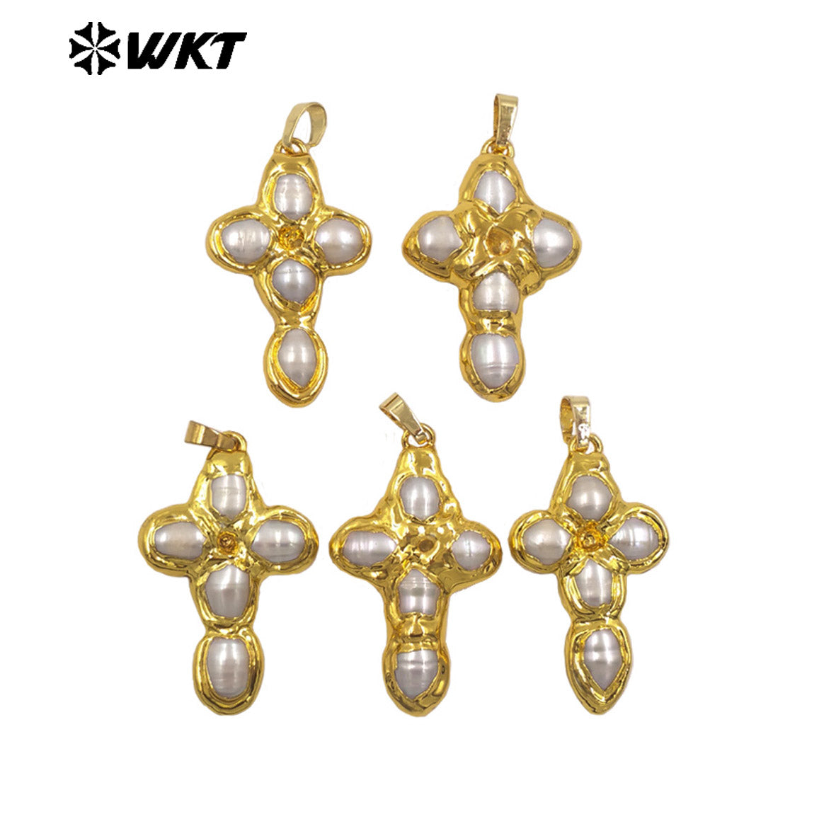 WT-JP436 Popular Sales Gold Plated Cross Shape Natural Freshwater Pearl Little Charm Pendants High Quality Boutique Accessories
