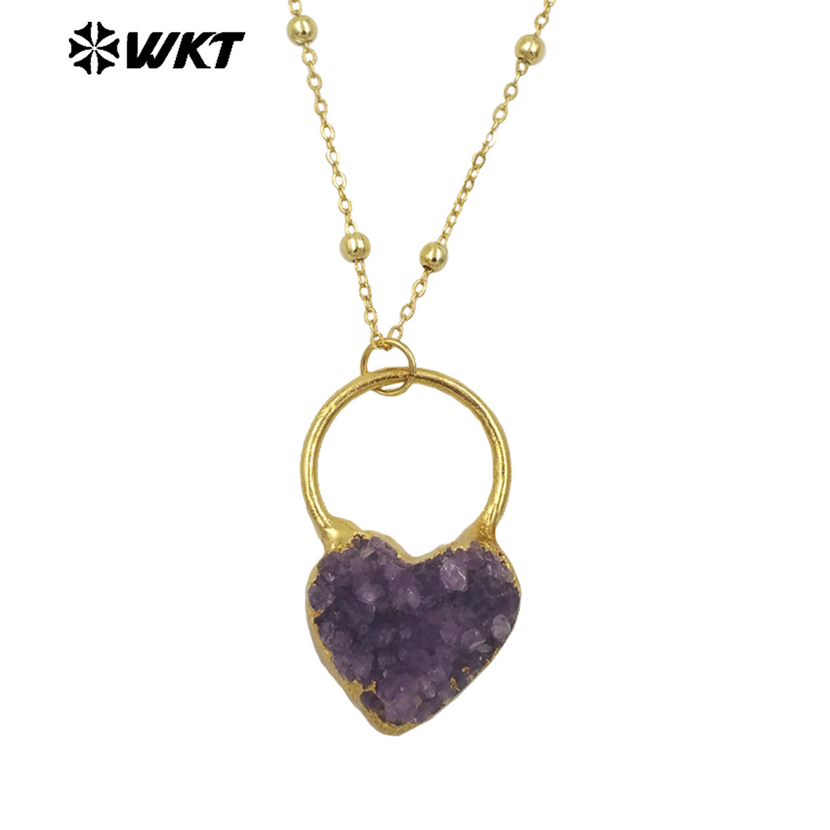WT-N1472 Lovely Energy Natural Druzy Brazil Amethyst Heart Stone Necklace Birthday Gift for Girl