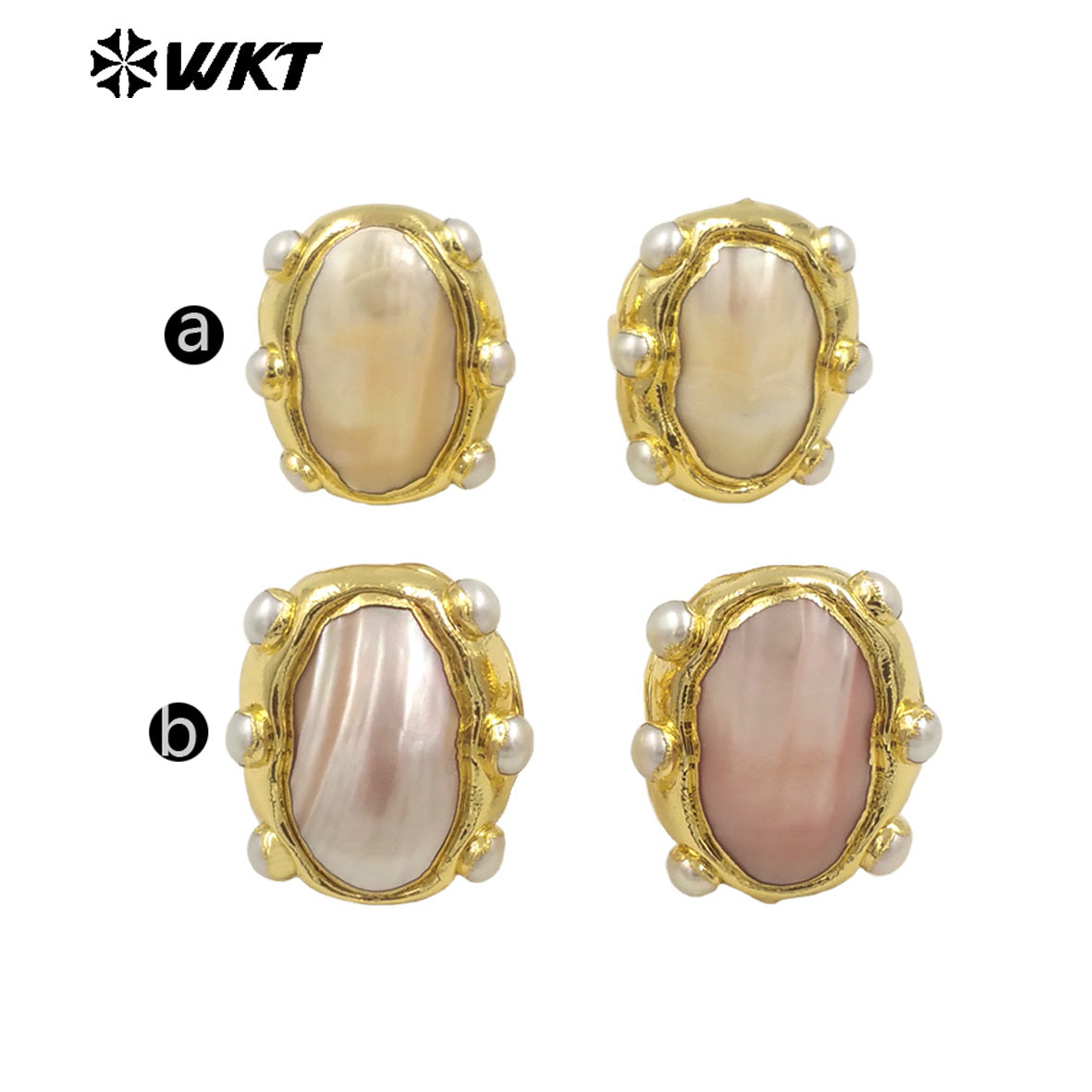 WT-MPR113 Wholesale18K Gold Plated Oval Adjustable Pink and White Pearl Combination Large Mabe Shell Ring As Anniversary Gift