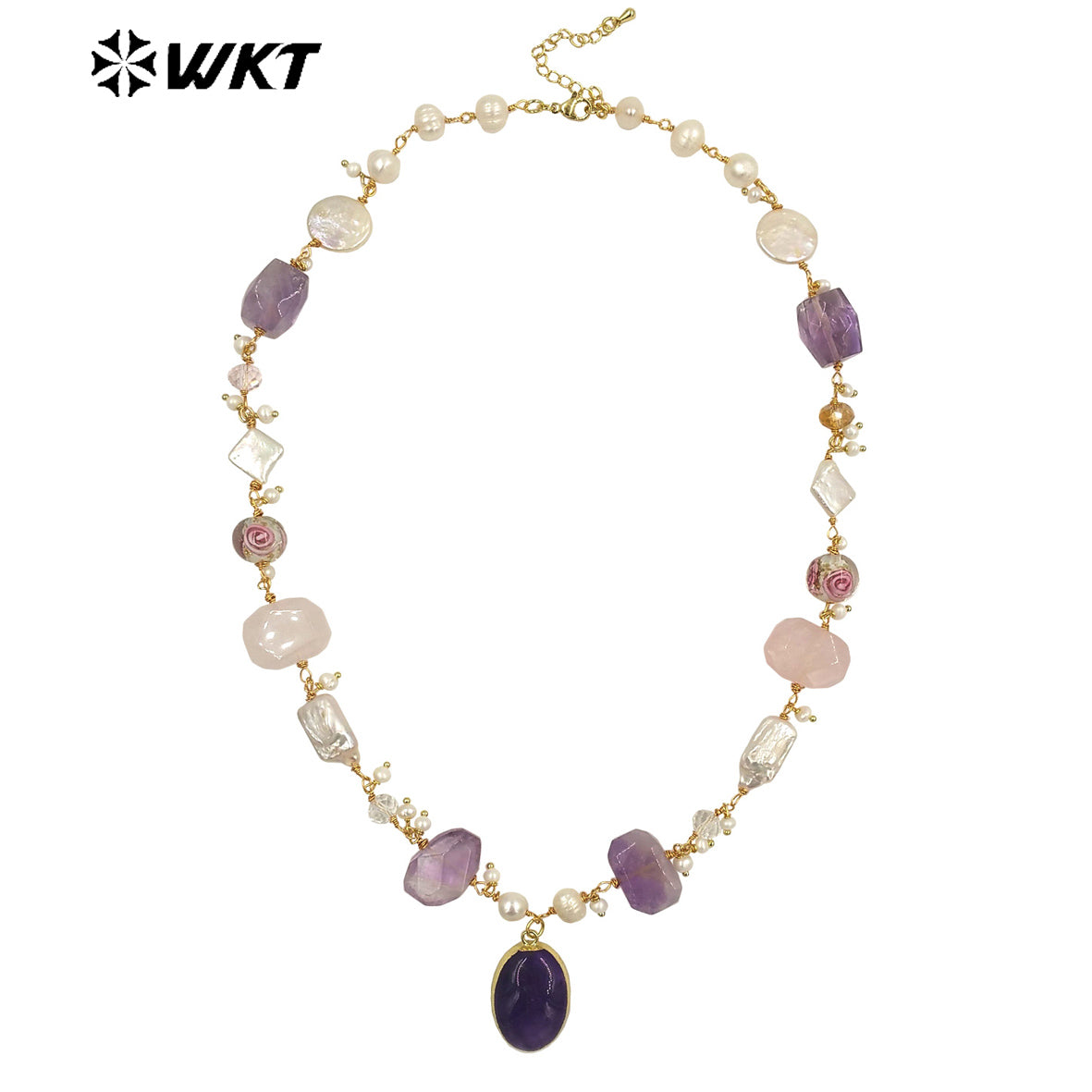 WT-JN240 Wholesale Newest Stone and Pearl Design 18k Chain Gold Plated Exquisite High Quality Scallop Necklace