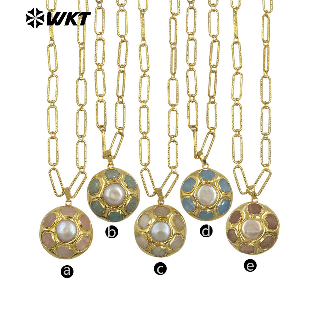 WT-N1493 Amazing Big 18k Real Gold Plated Link Chain Necklace With Round Natural Gemstone and Pearl Assemble Pendants Necklace
