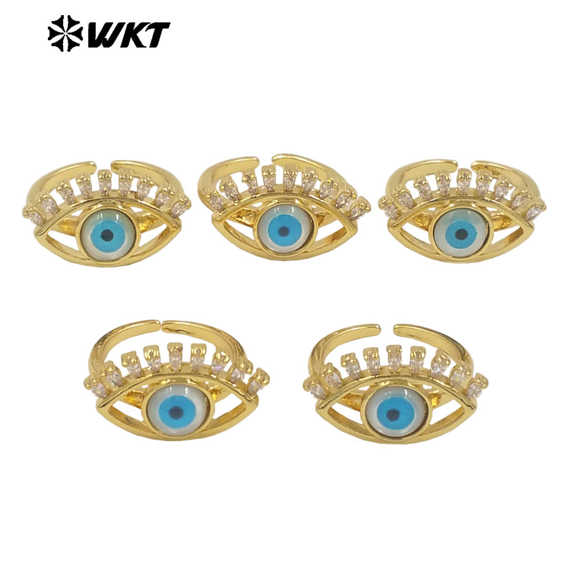 WT-MPR103 Newest Fashion Micropave Cubic Zircon Setting Trendy Gold Plated Turkey Eye Shell Ring in Adjustable Size